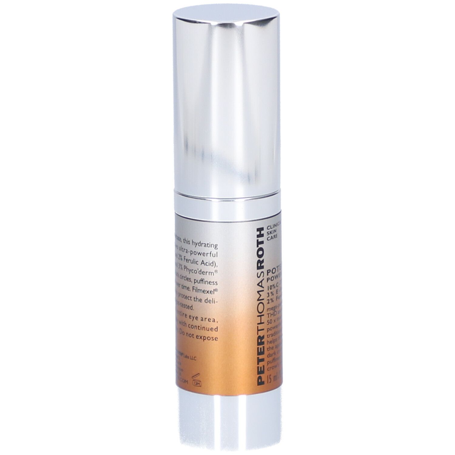 Tube de crème pour les yeux argenté avec texte blanc. Inscription : Potent-C Power Eye Cream, 15 ml/0,5 fl oz.