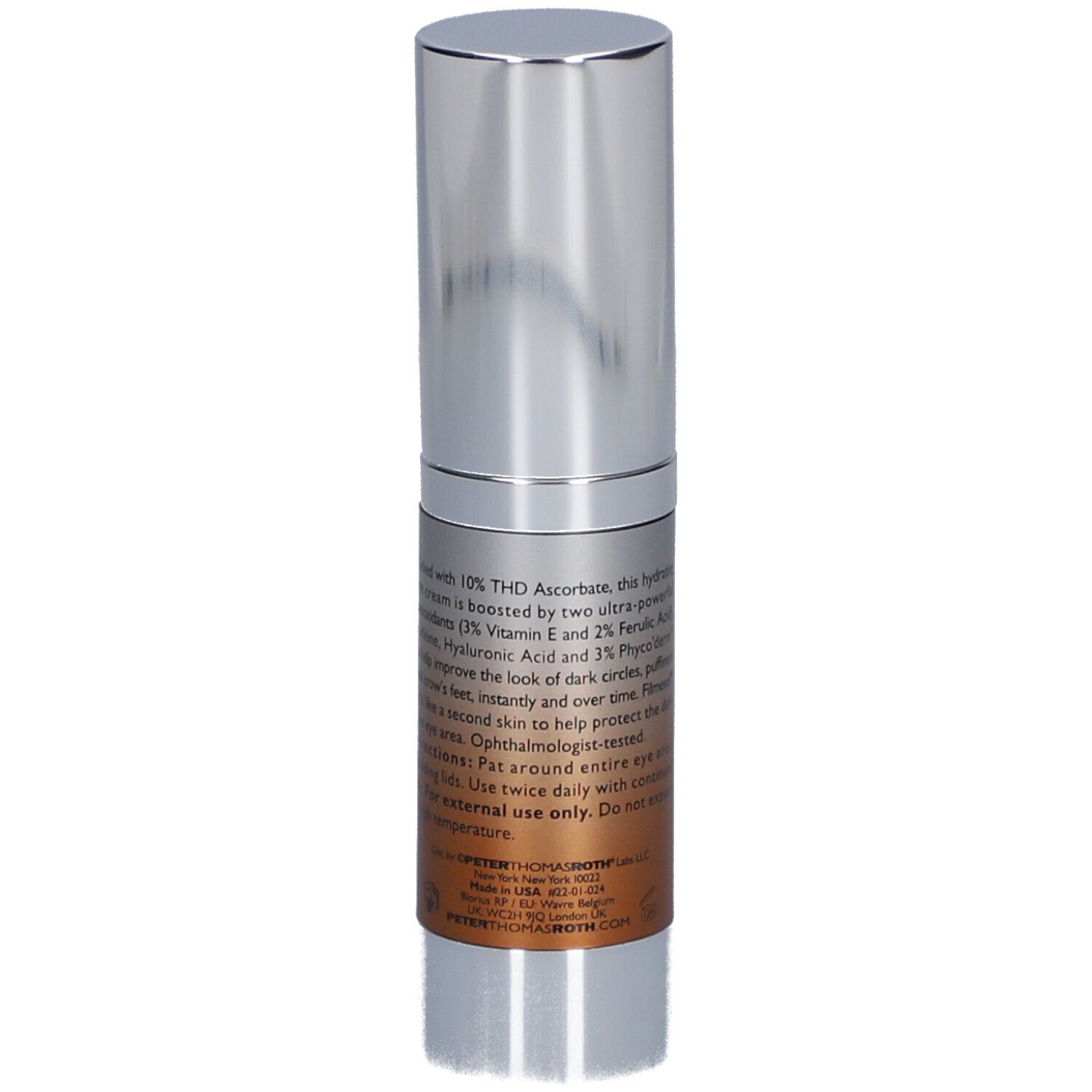 Tube de crème pour les yeux argenté avec texte blanc. Inscription : Potent-C Power Eye Cream, 15 ml/0,5 fl oz.