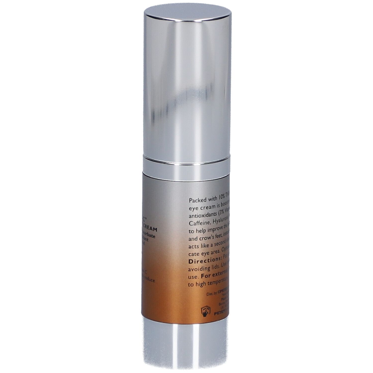 Tube de crème pour les yeux argenté avec texte blanc. Inscription : Potent-C Power Eye Cream, 15 ml/0,5 fl oz.