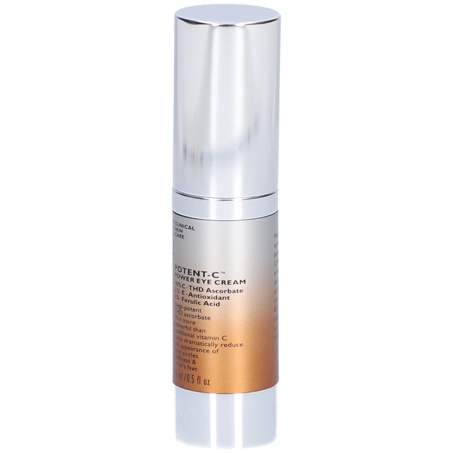 Tube de crème pour les yeux argenté avec texte blanc. Inscription : Potent-C Power Eye Cream, 15 ml/0,5 fl oz.