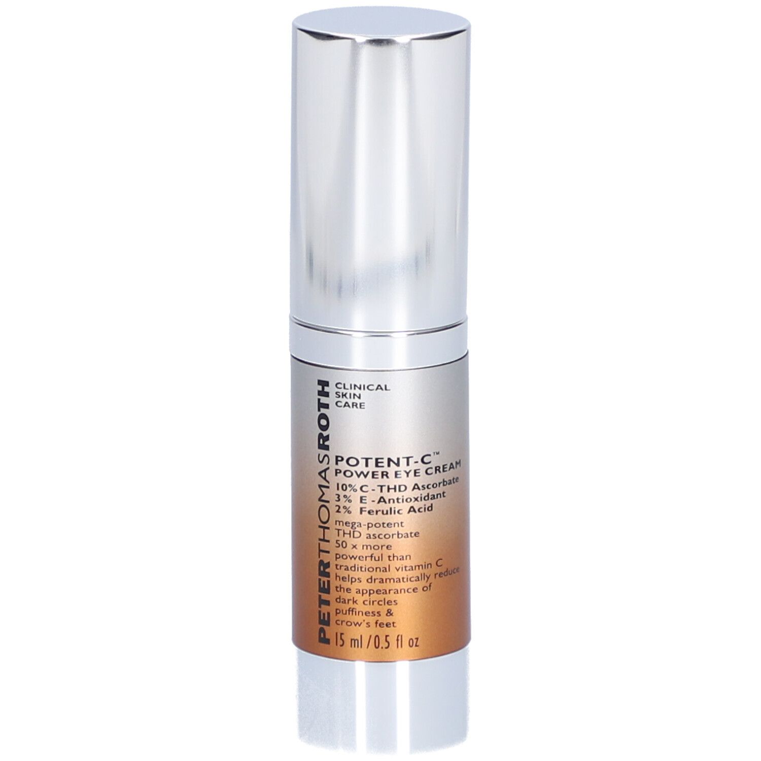 Tube de crème pour les yeux argenté avec texte blanc. Inscription : Potent-C Power Eye Cream, 15 ml/0,5 fl oz.