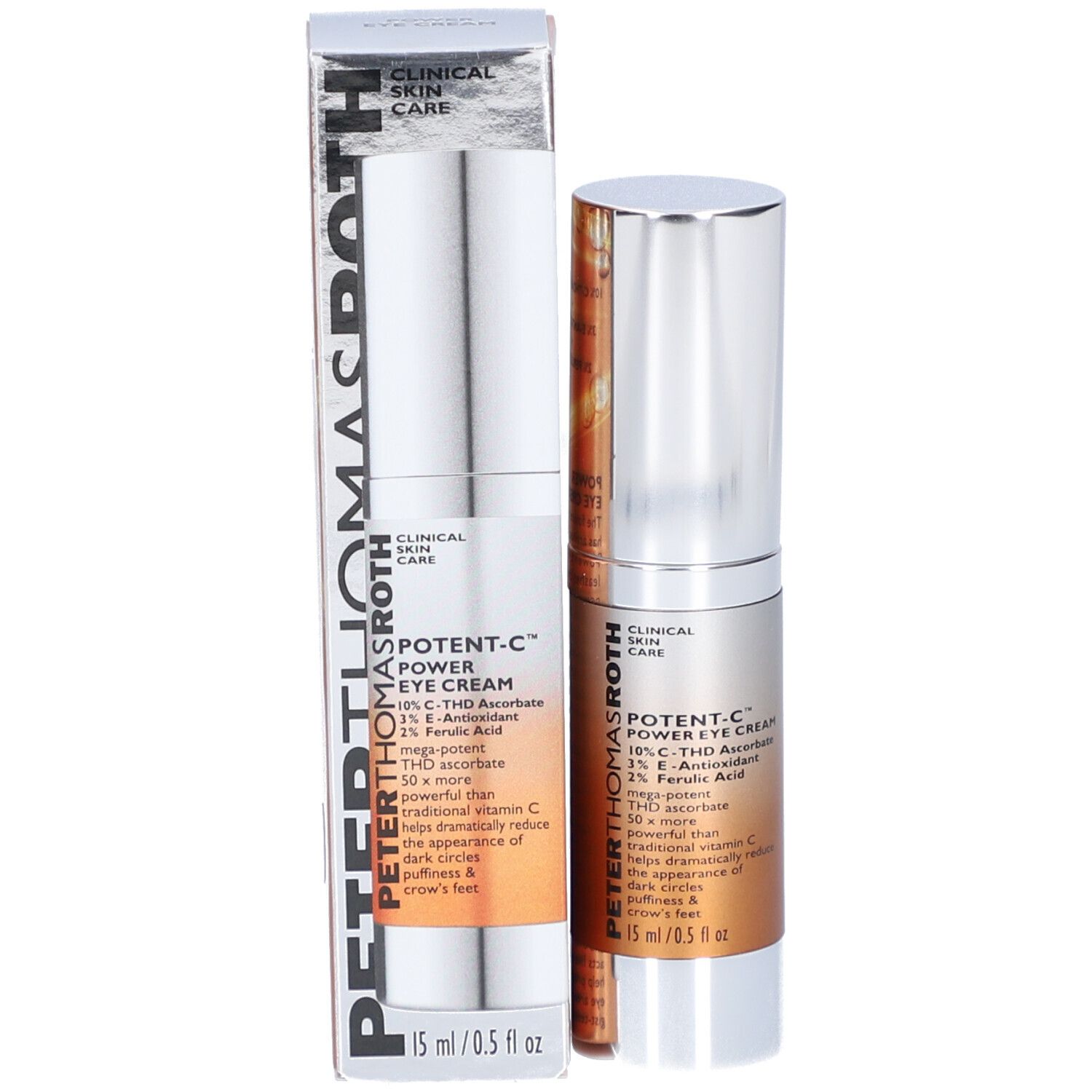 Tube de crème pour les yeux et emballage. Inscription : Potent-C Power Eye Cream, 15 ml/0,5 fl oz.