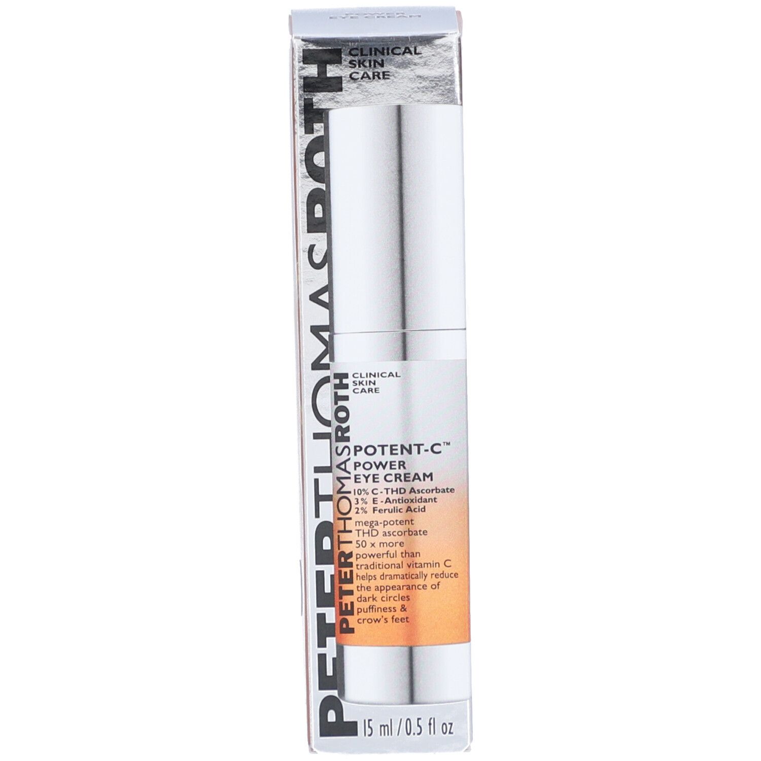 Tube de crème pour les yeux et emballage. Inscription : Potent-C Power Eye Cream, 15 ml/0,5 fl oz.