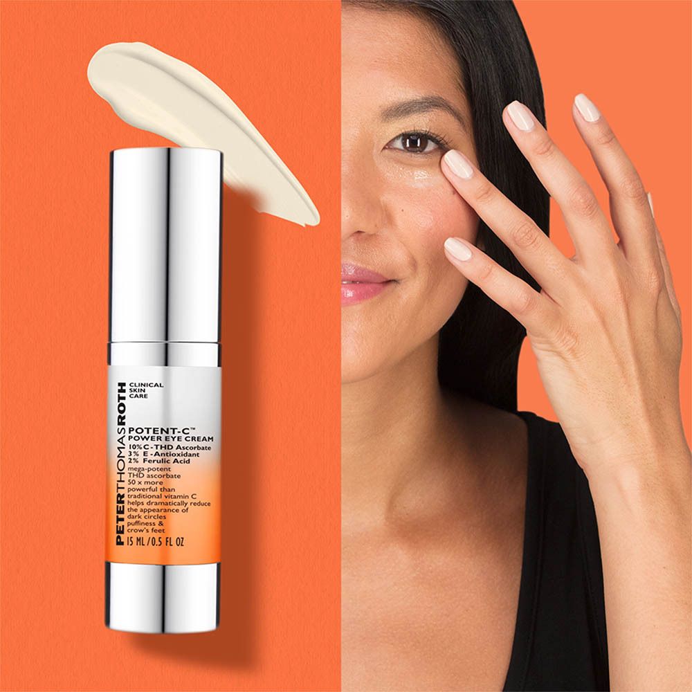 Image du produit avec texte. Texte : Éclaircit les cernes, réduit les poches, lisse les rides.