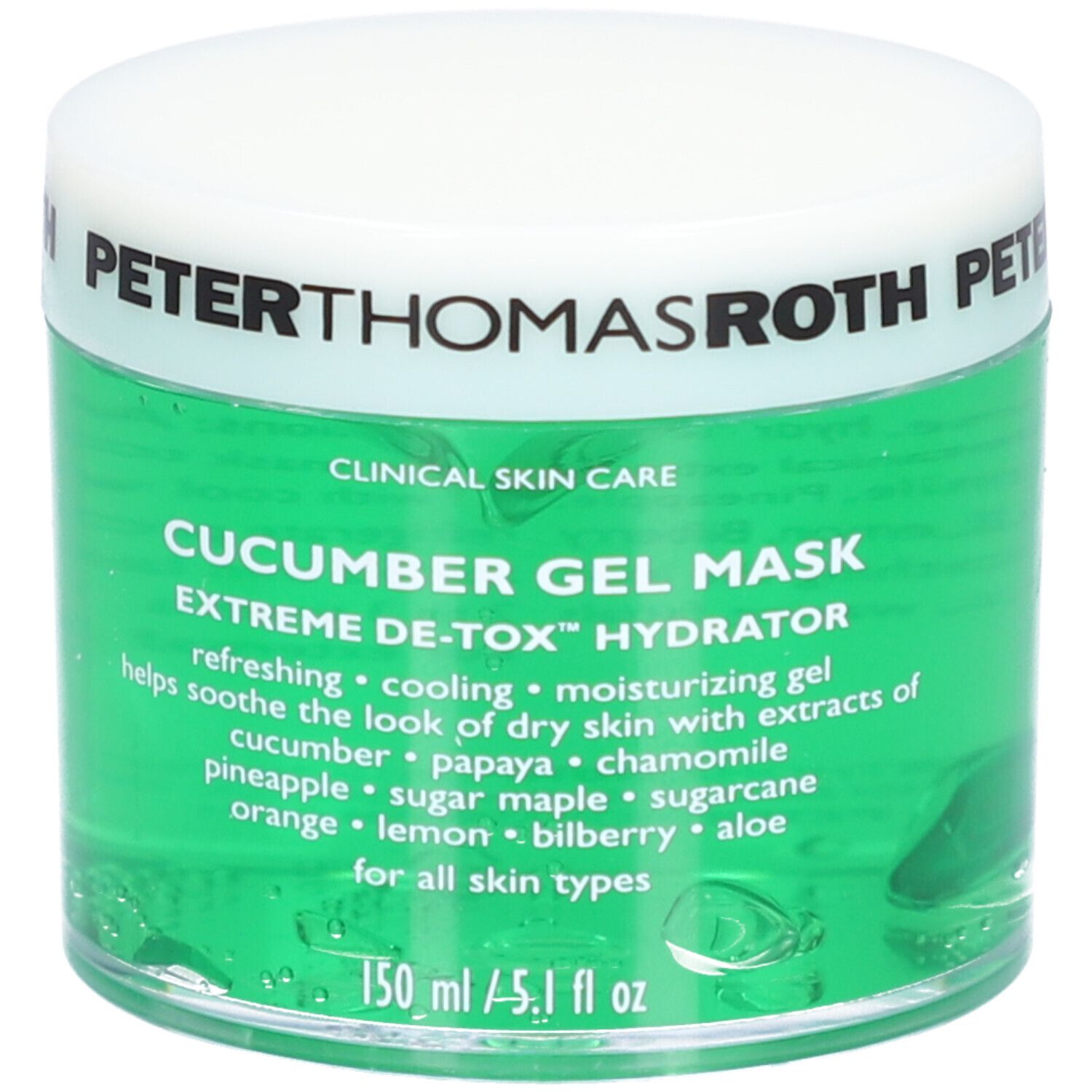 Gel vert dans un pot blanc. Inscription : Peter Thomas Roth, Cucumber Gel Mask. 150 ml/5.1 fl oz.