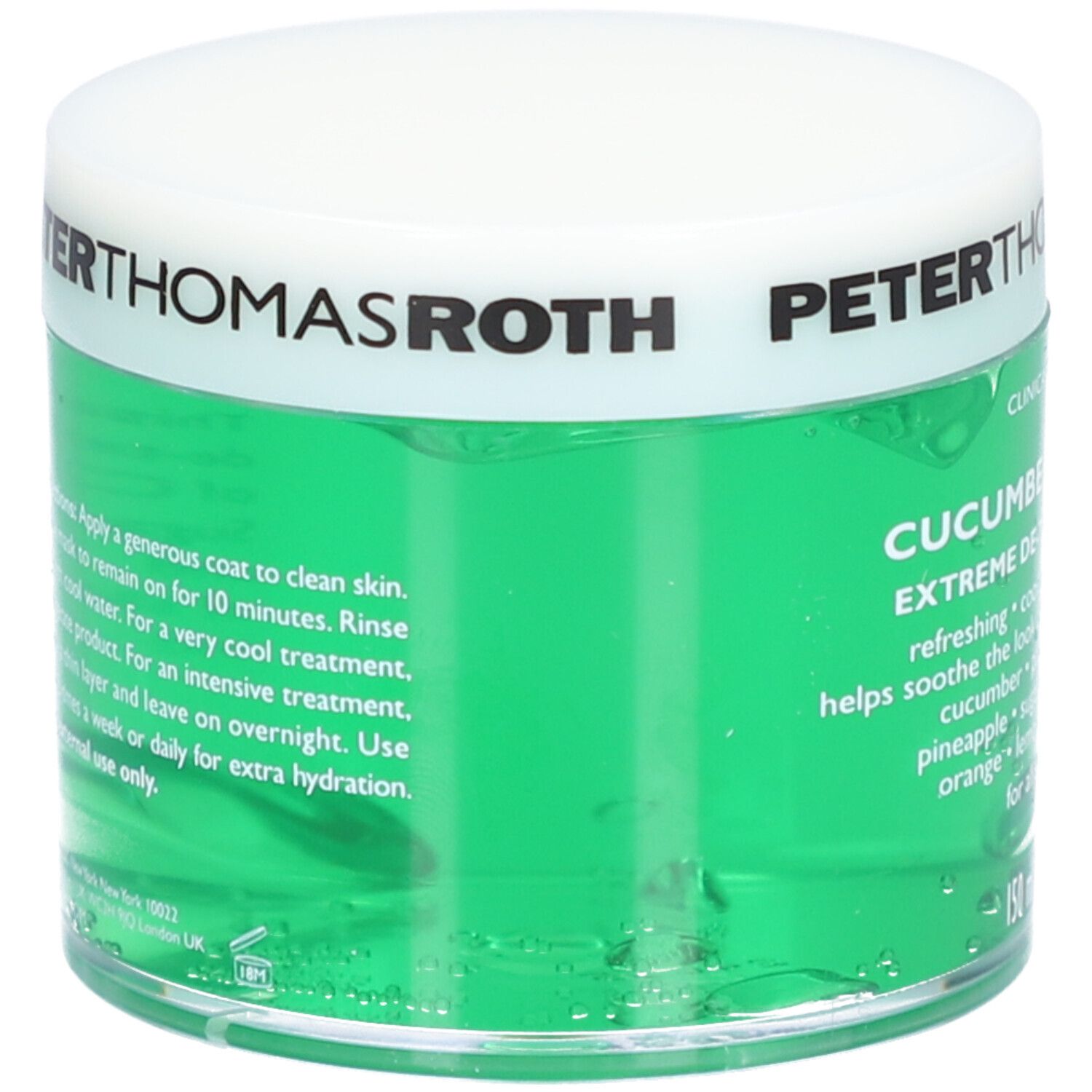 Gel vert dans un pot blanc. Inscription : Peter Thomas Roth, Cucumber Gel Mask. 150 ml/5.1 fl oz.