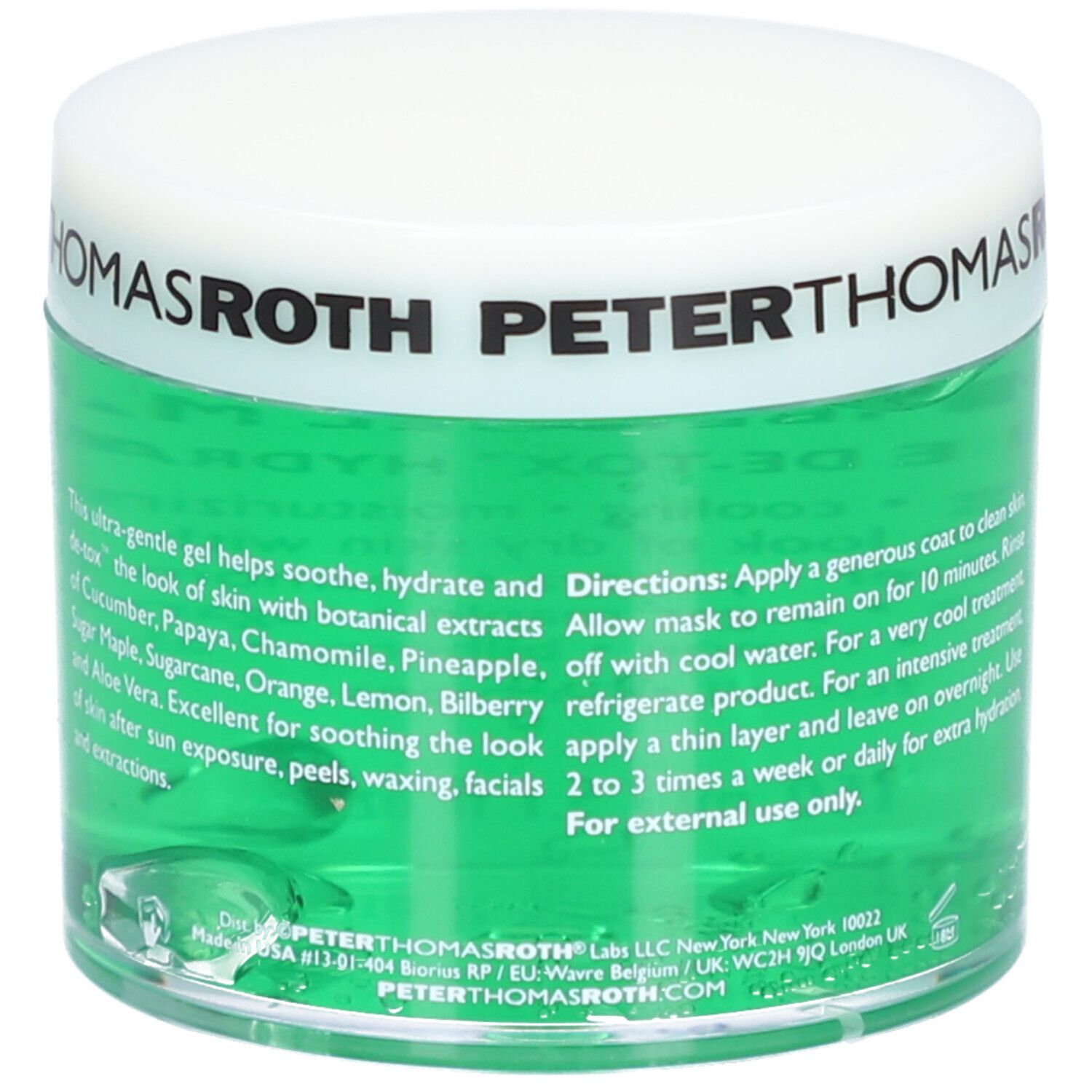 Gel vert dans un pot blanc. Inscription : Peter Thomas Roth, Cucumber Gel Mask. 150 ml/5.1 fl oz.