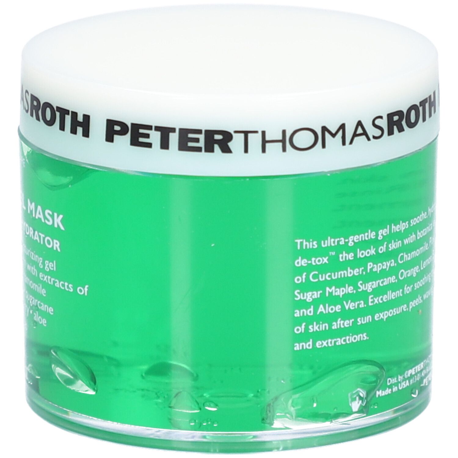 Gel vert dans un pot blanc. Inscription : Peter Thomas Roth, Cucumber Gel Mask. 150 ml/5.1 fl oz.