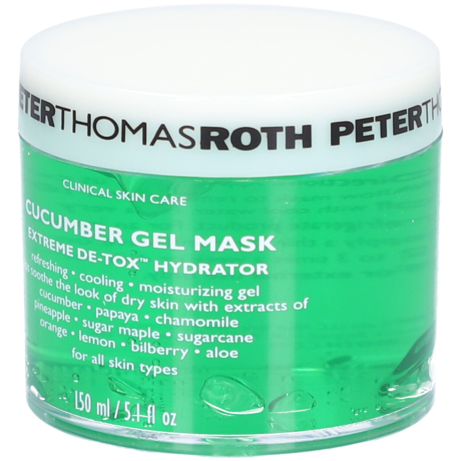Gel vert dans un pot blanc. Inscription : Peter Thomas Roth, Cucumber Gel Mask. 150 ml/5.1 fl oz.