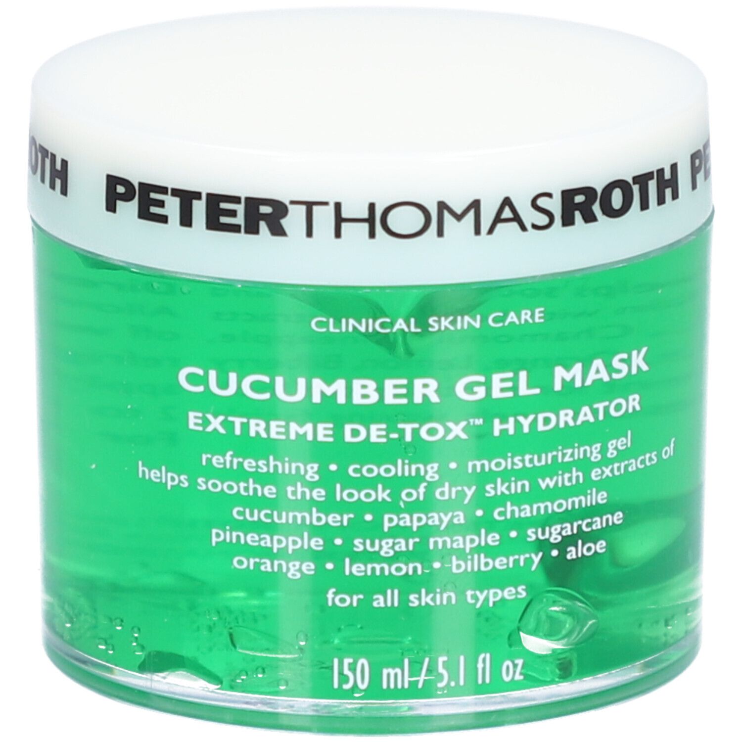 Gel vert dans un pot blanc. Inscription : Peter Thomas Roth, Cucumber Gel Mask. 150 ml/5.1 fl oz.