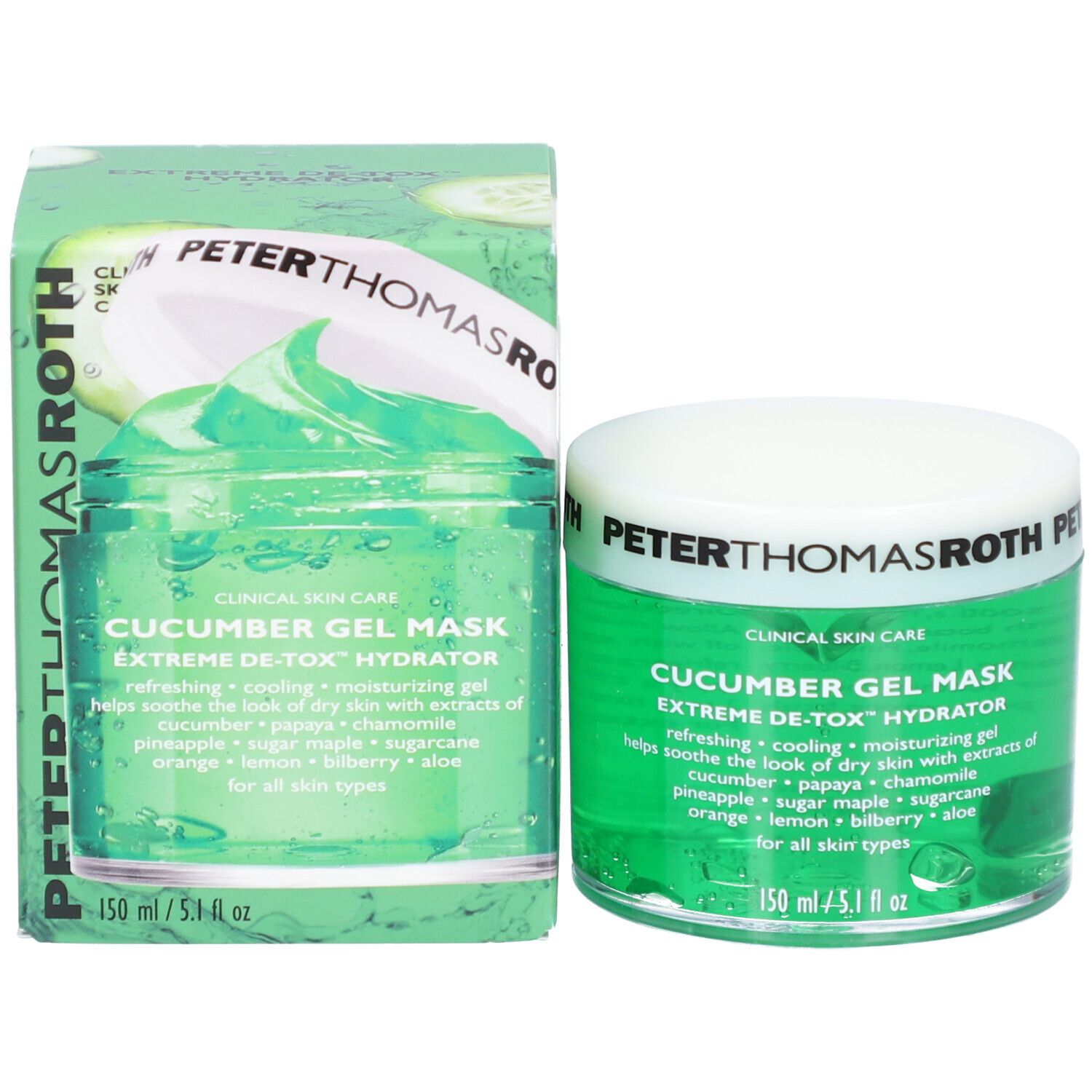 Emballage du produit avec pot et boîte. Inscription : Peter Thomas Roth, Cucumber Gel Mask. 150 ml/5.1 fl oz.
