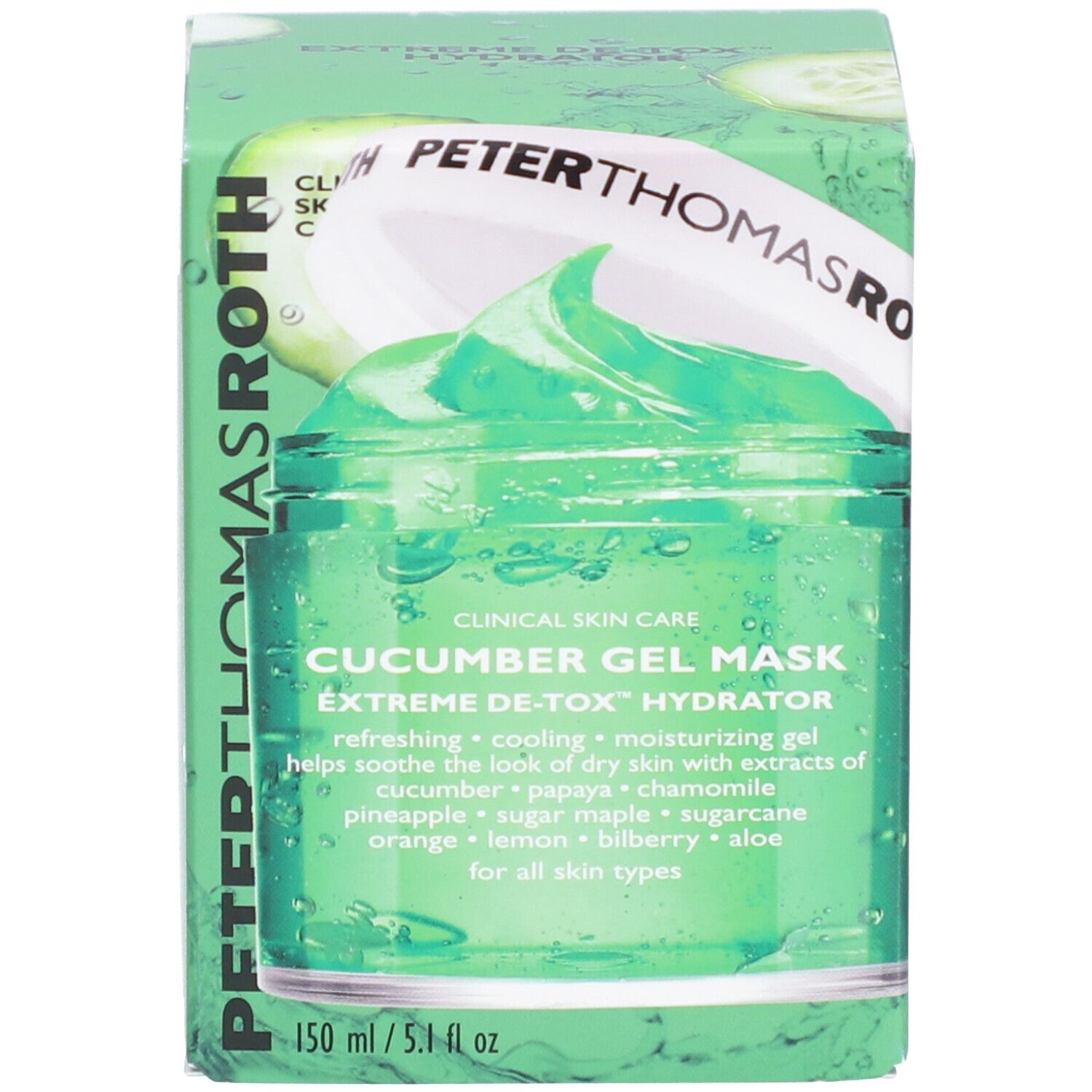 Emballage du produit avec pot et boîte. Inscription : Peter Thomas Roth, Cucumber Gel Mask. 150 ml/5.1 fl oz.