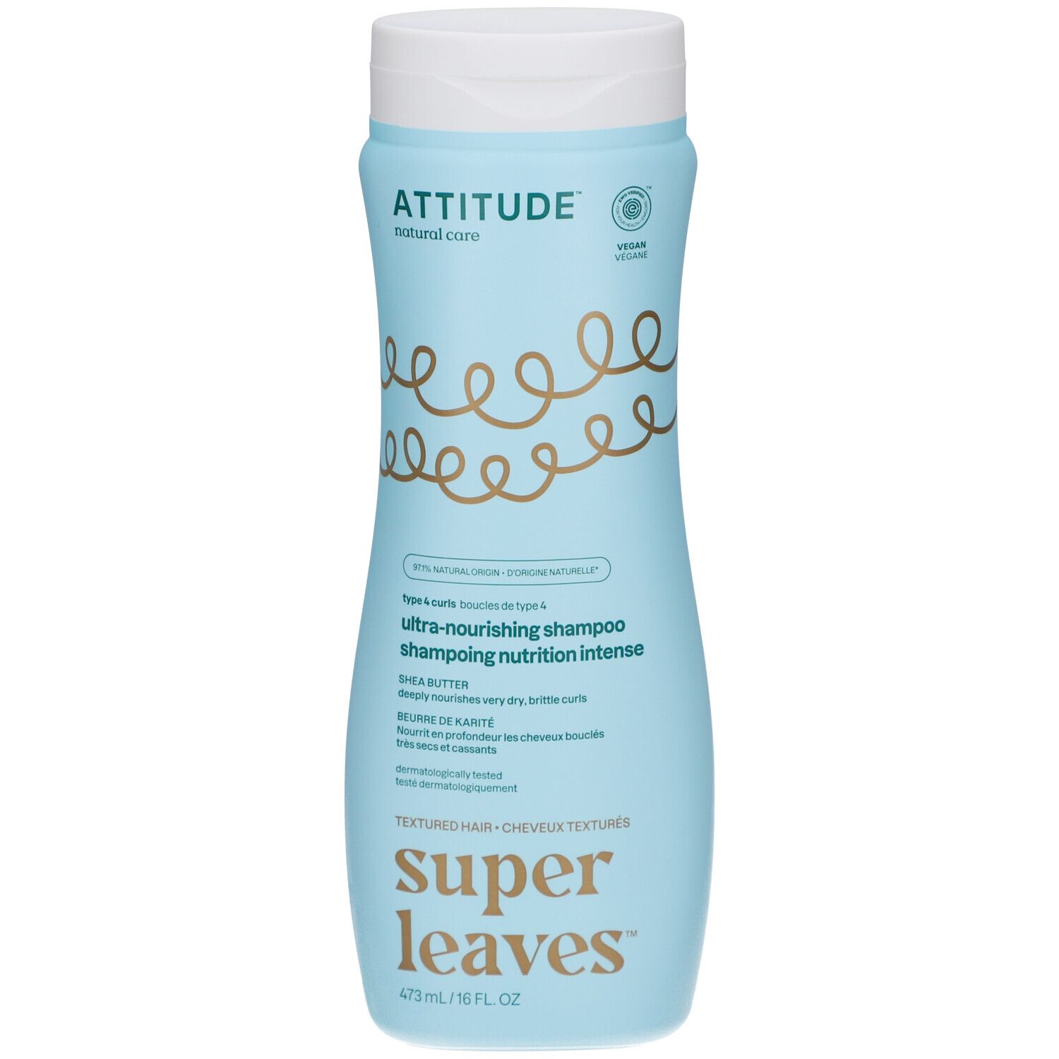 Shampoo bleu clair avec bouchon blanc. Inscription : ATTITUDE, Super leaves, ultra-nourishing shampoo. Label végétalien.
