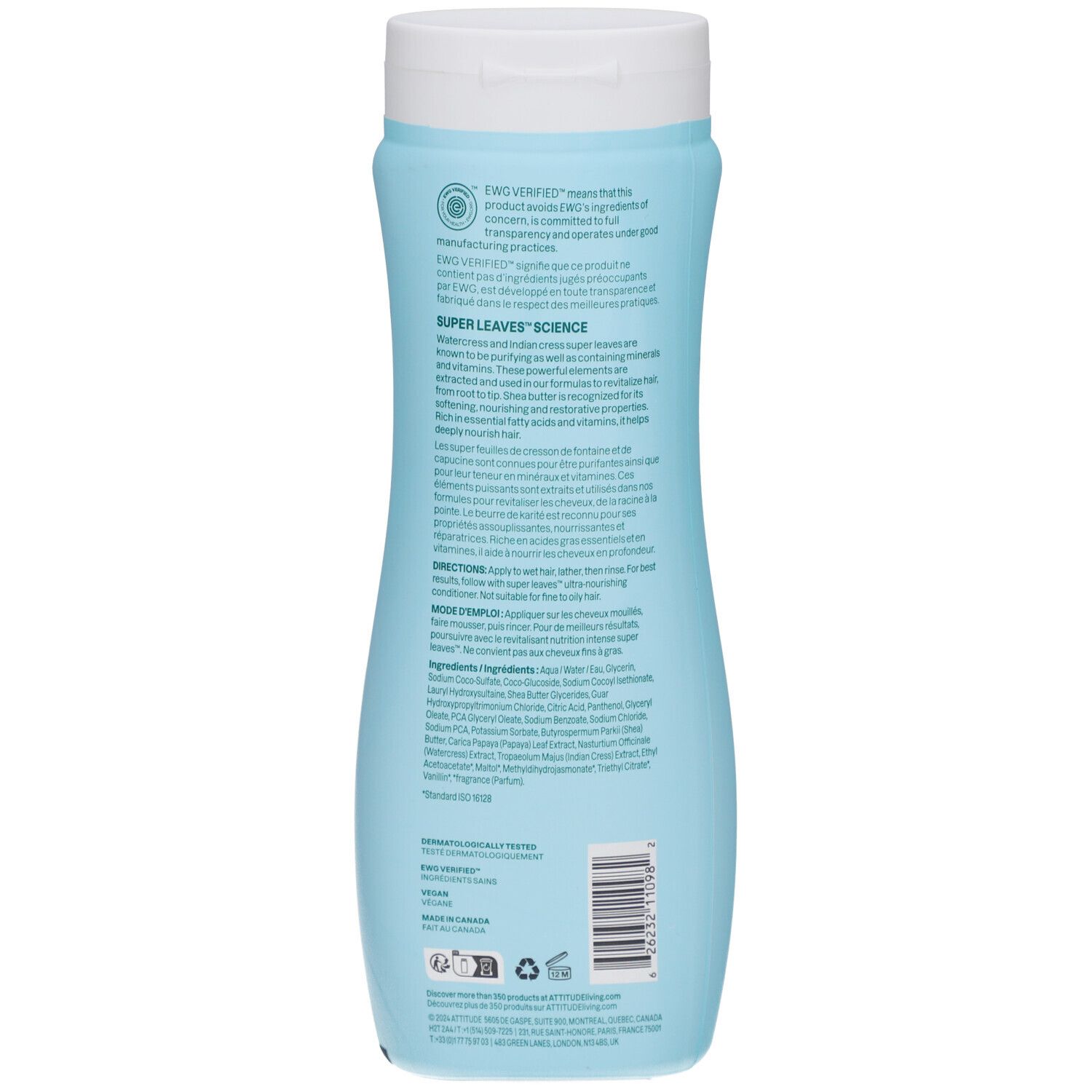 Dos d'une bouteille de shampooing bleu clair. Texte : ingrédients, Super leaves Science. Label végétalien, code-barres.
