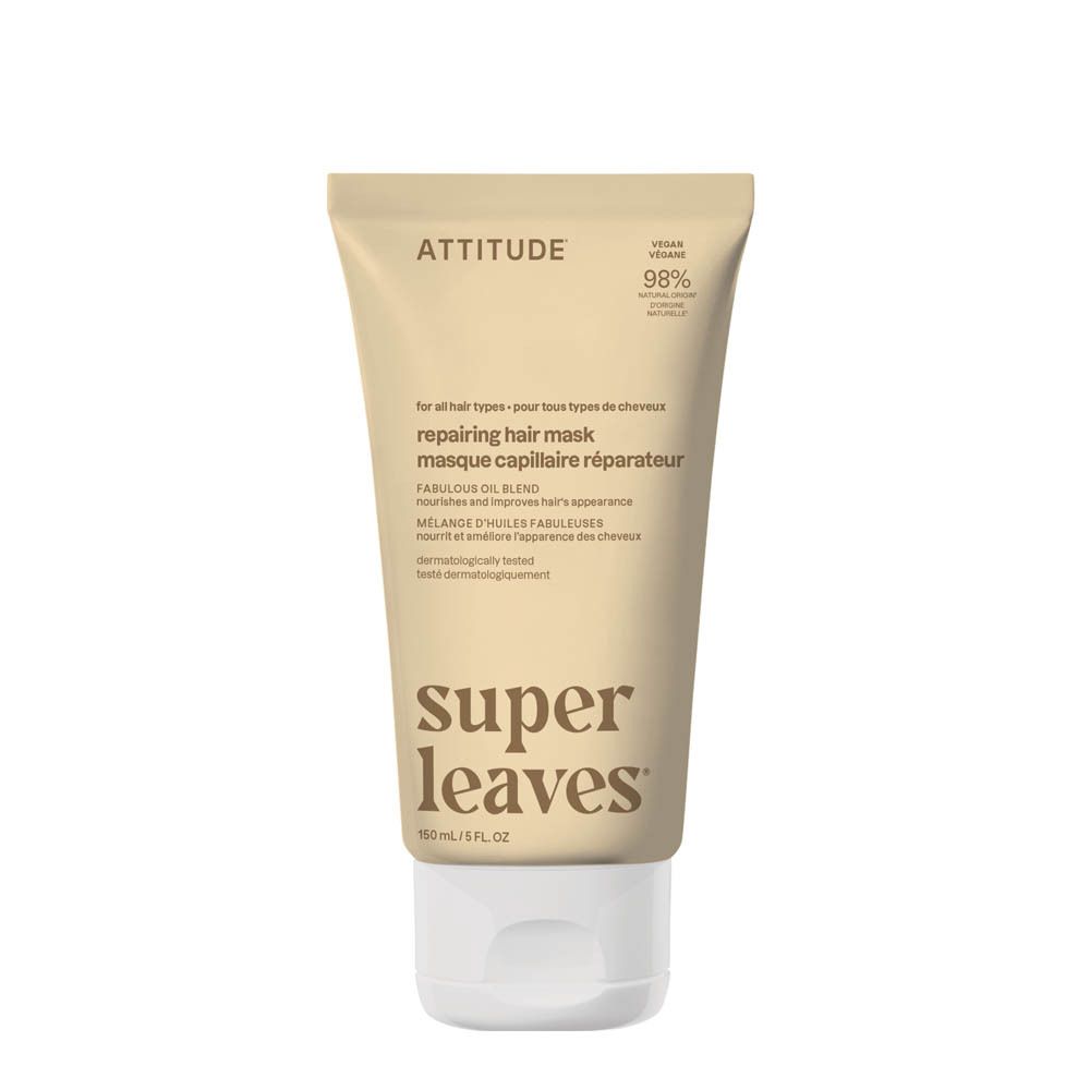 Tube Attitude Super leaves™ masque capillaire réparateur beige clair avec bouchon blanc.