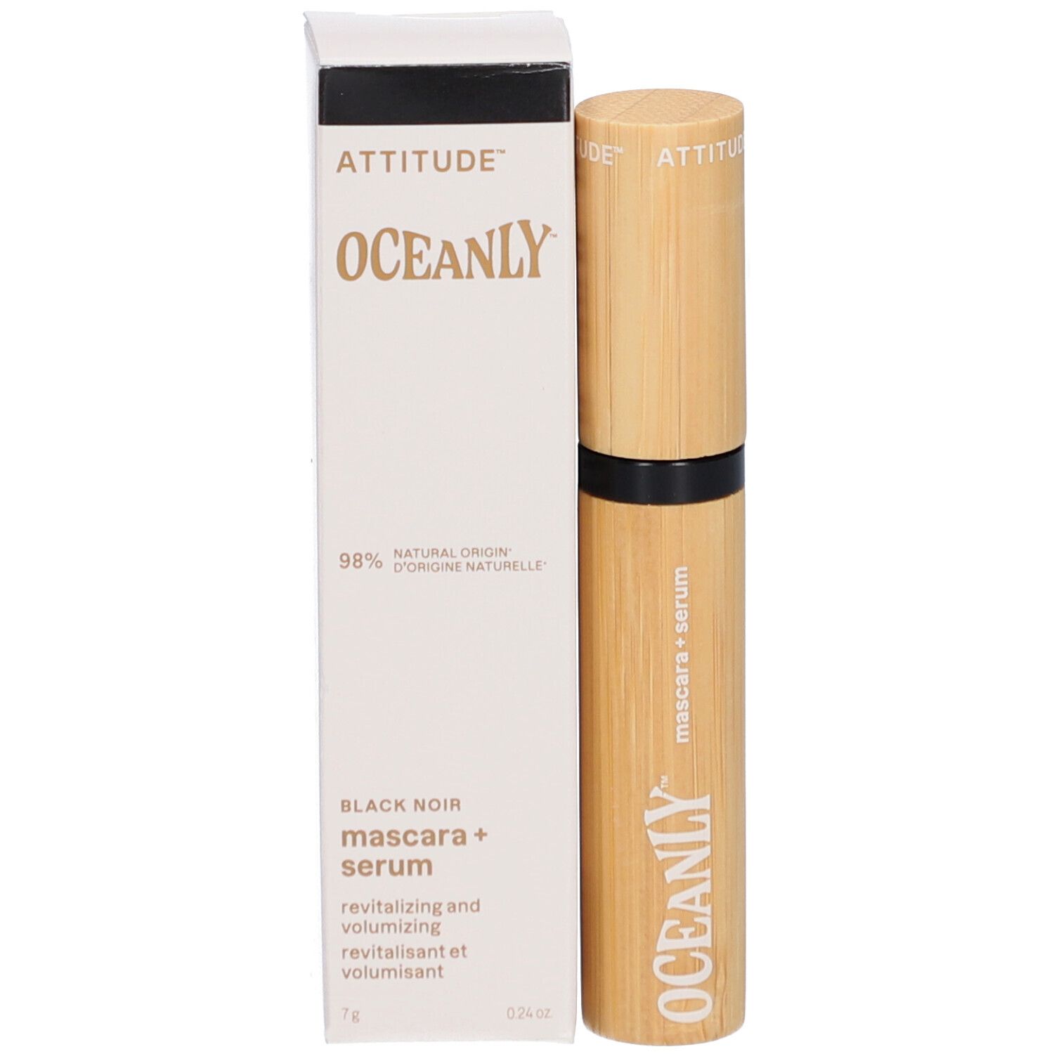 Tube et emballage de mascara-sérum. OCEANLY, logo ATTITUDE. Texte: Mascara + Sérum, 98% origine naturelle.