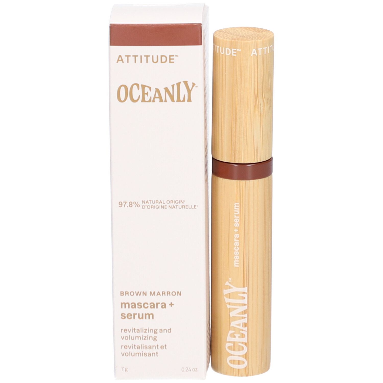 Sérum mascara avec emballage. ATTITUDE, OCEANLY, 97,8% origine naturelle, Marron.