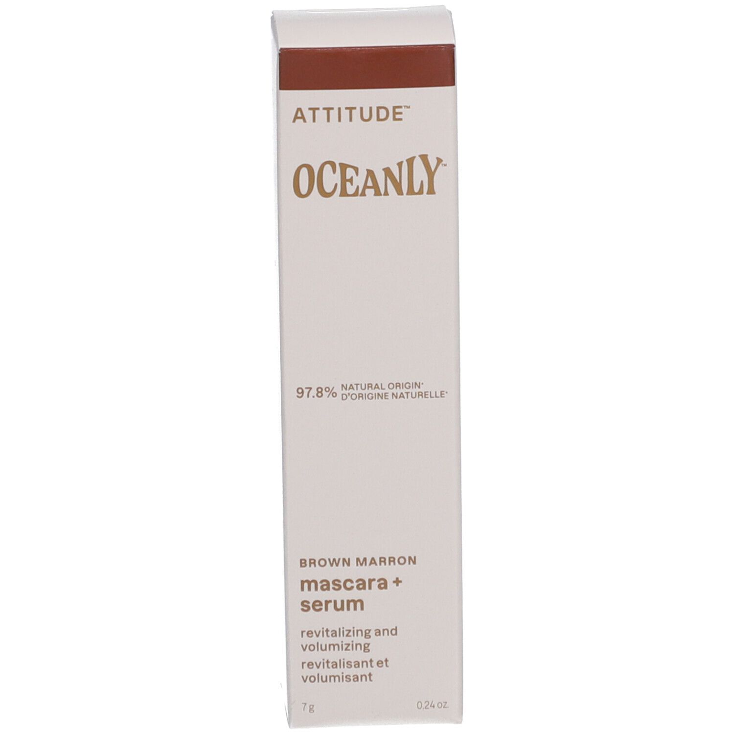 Emballage sérum mascara. ATTITUDE, OCEANLY, 97,8% origine naturelle, Marron.