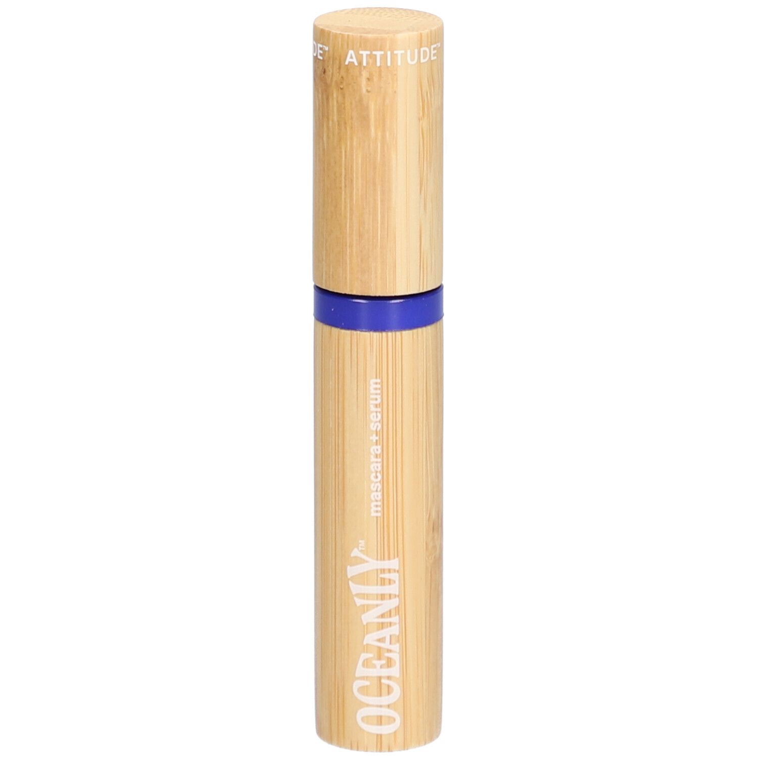 Sérum mascara. Aspect bambou. Bande bleue. Logo OCEANLY. Texte: Mascara + Sérum.