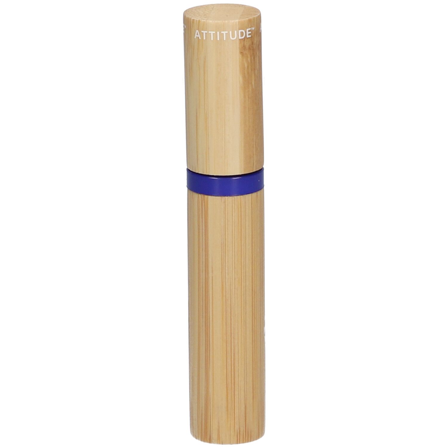 Sérum mascara. Aspect bambou. Bande bleue. Logo ATTITUDE sur le capuchon.