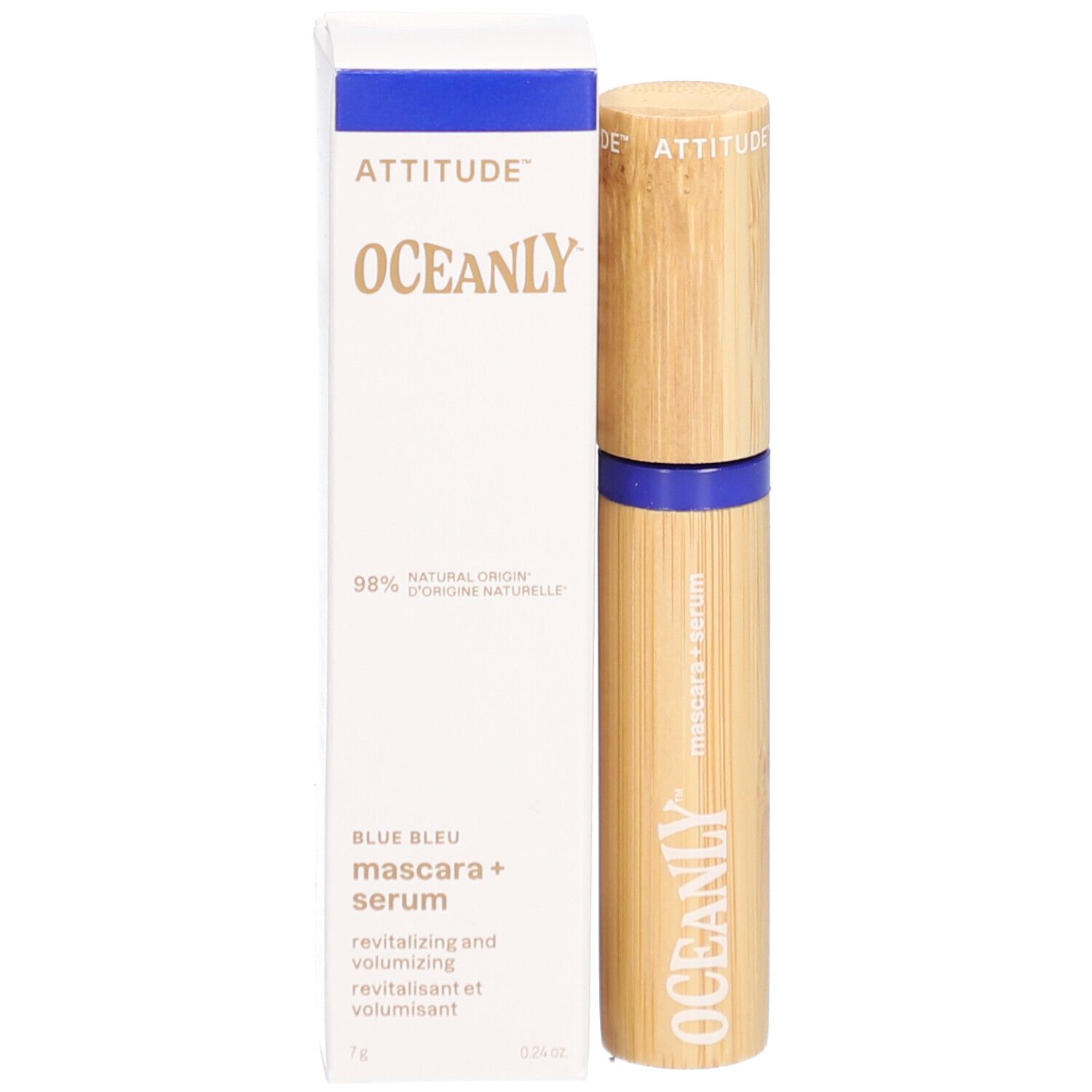 Emballage de sérum mascara. Blanc avec couvercle bleu. Logo OCEANLY. Texte: Mascara + Sérum. 98% ingrédients naturels.