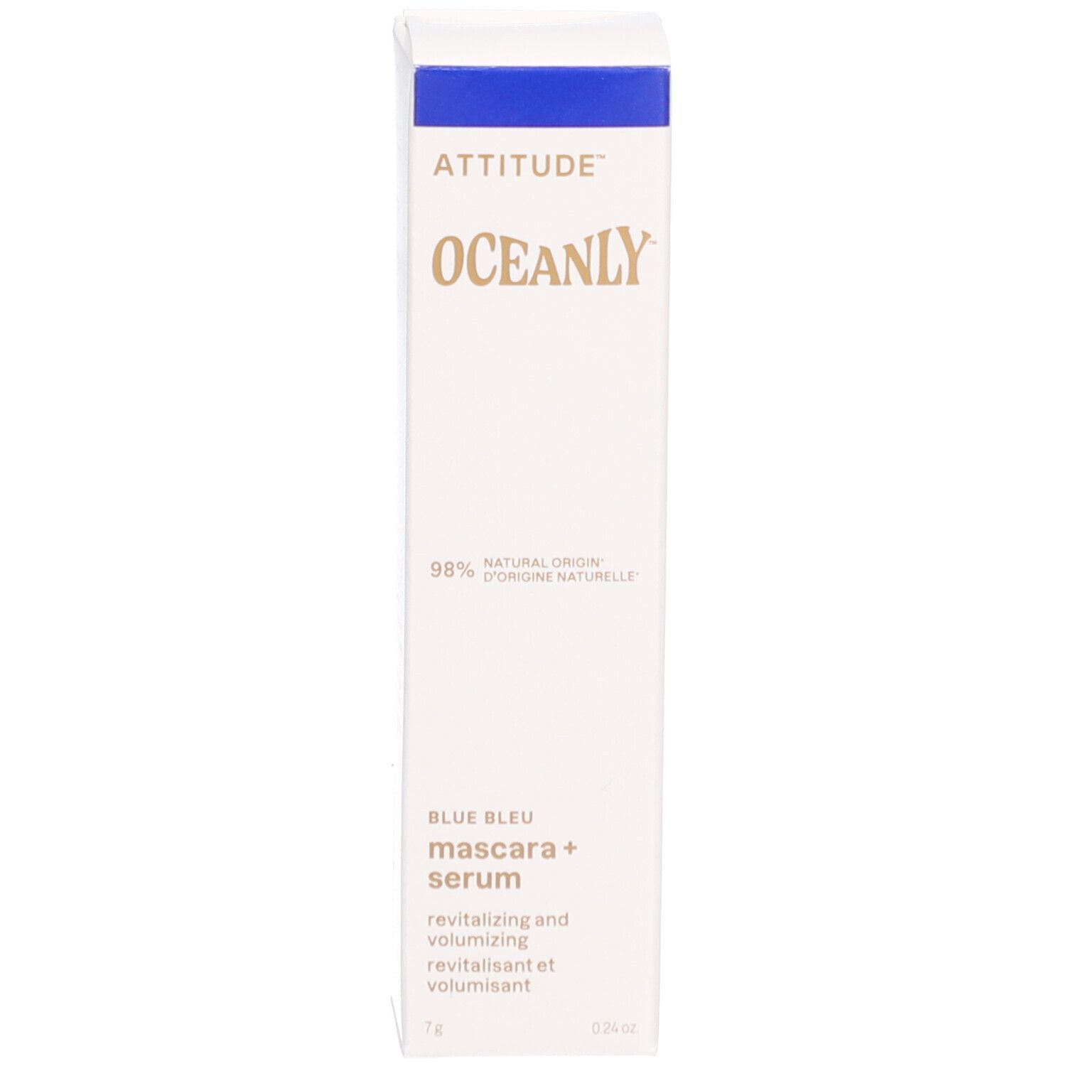 Emballage de sérum mascara. Blanc avec couvercle bleu. Logo OCEANLY. Texte: Mascara + Sérum. 98% ingrédients naturels.