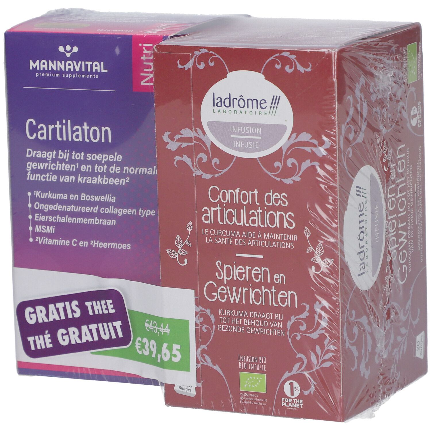 Deux boîtes emballées. L'une avec "Mannavital Cartilaton", l'autre avec "Ladrôme Infusion Confort des Articulations". Étiquette de prix.
