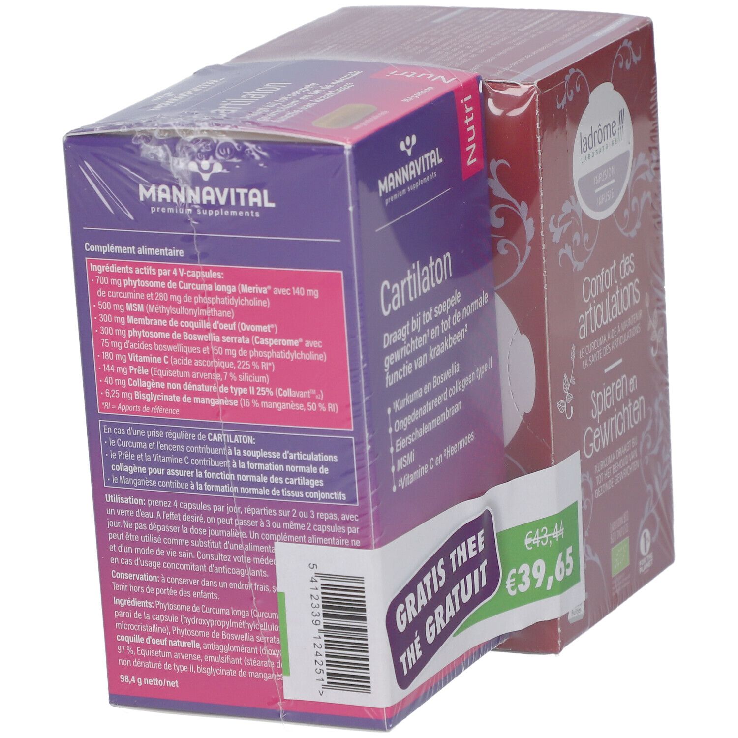 Boîtes emballées. "Mannavital Cartilaton" et "Ladrôme Infusion Confort des Articulations". Dos avec informations et prix.