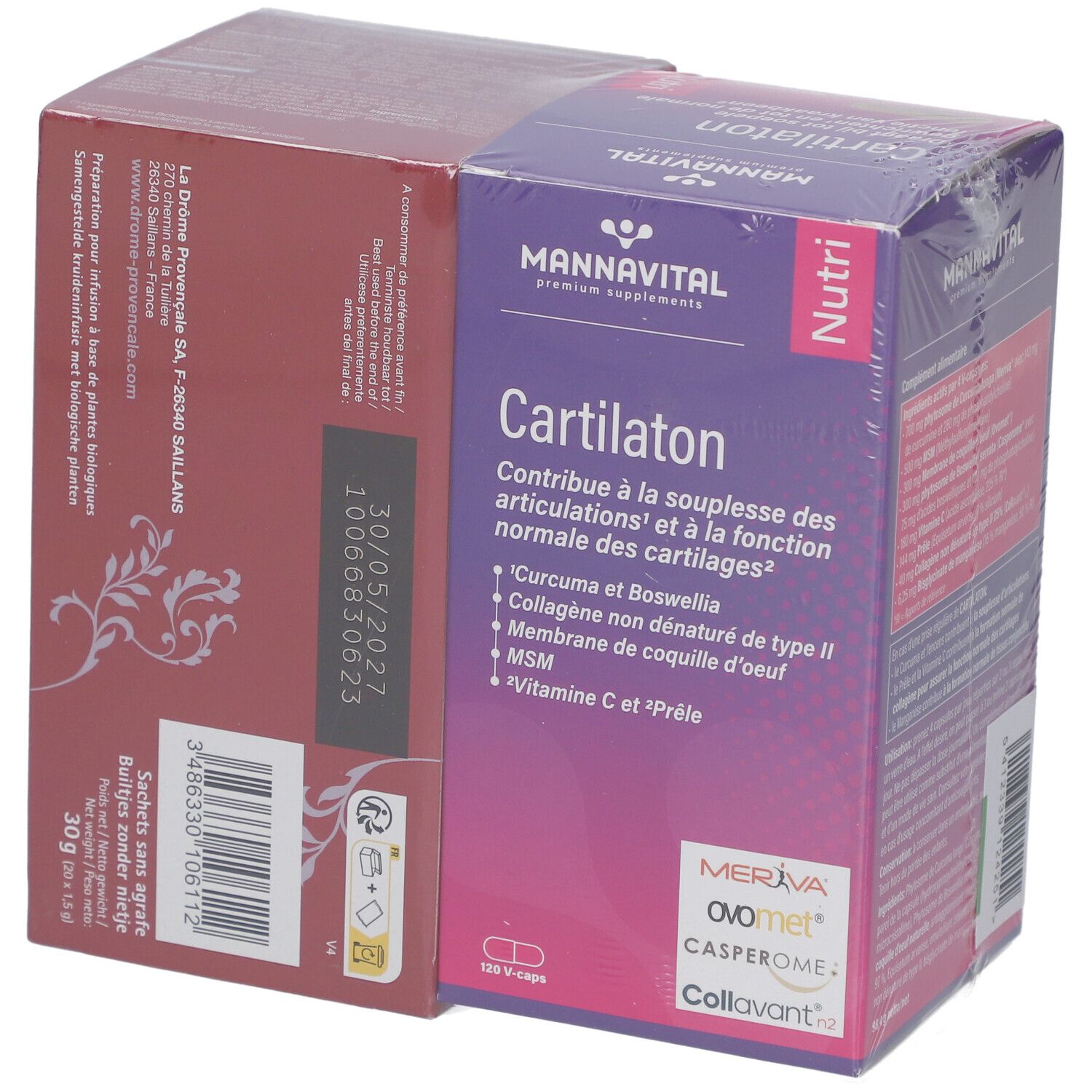 Deux boîtes emballées. "Mannavital Cartilaton" et "Ladrôme Infusion Confort des Articulations". Imprimés avec informations.