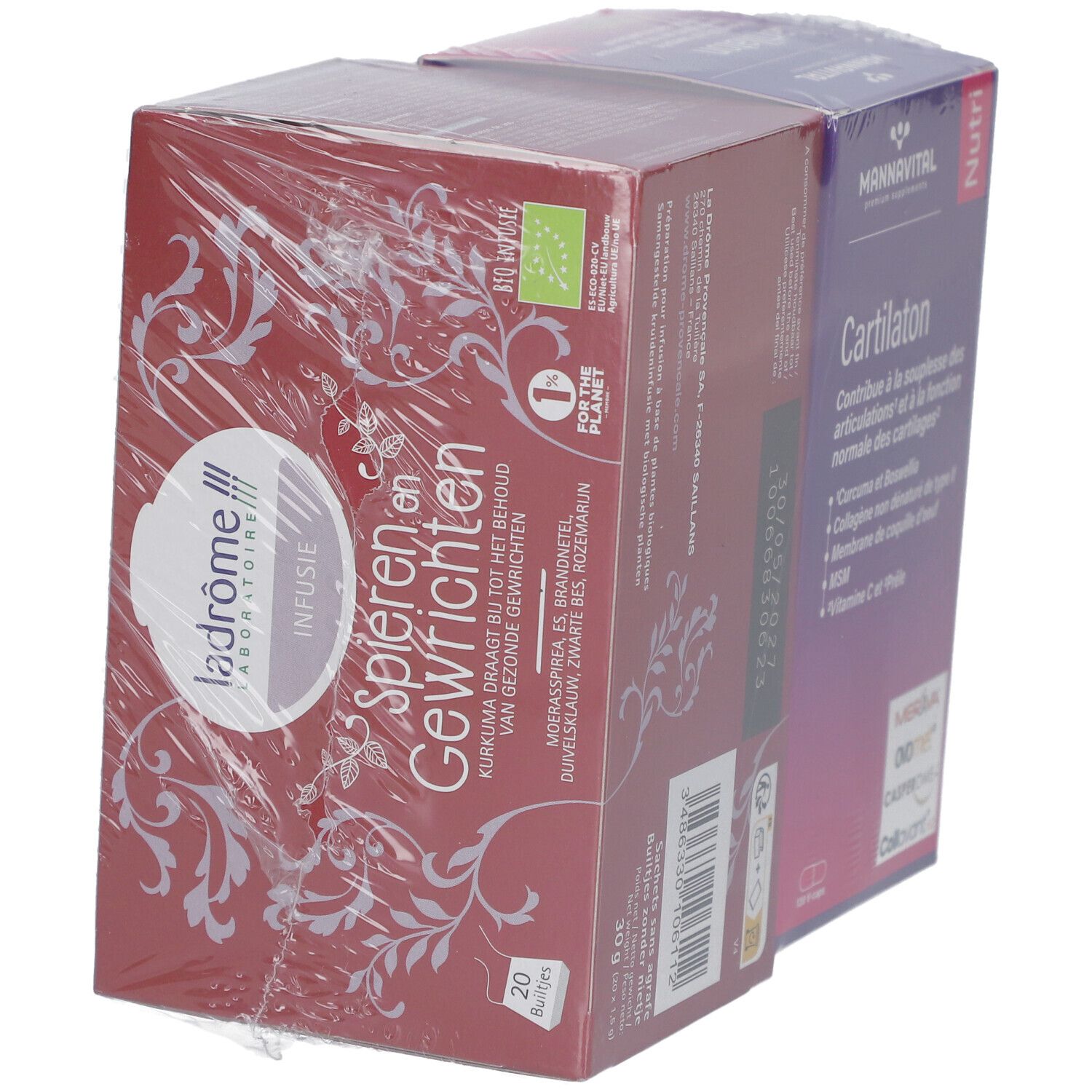 "Ladrôme Infusion Confort des Articulations" et "Mannavital Cartilaton" emballés. 20 sachets de thé et gélules.
