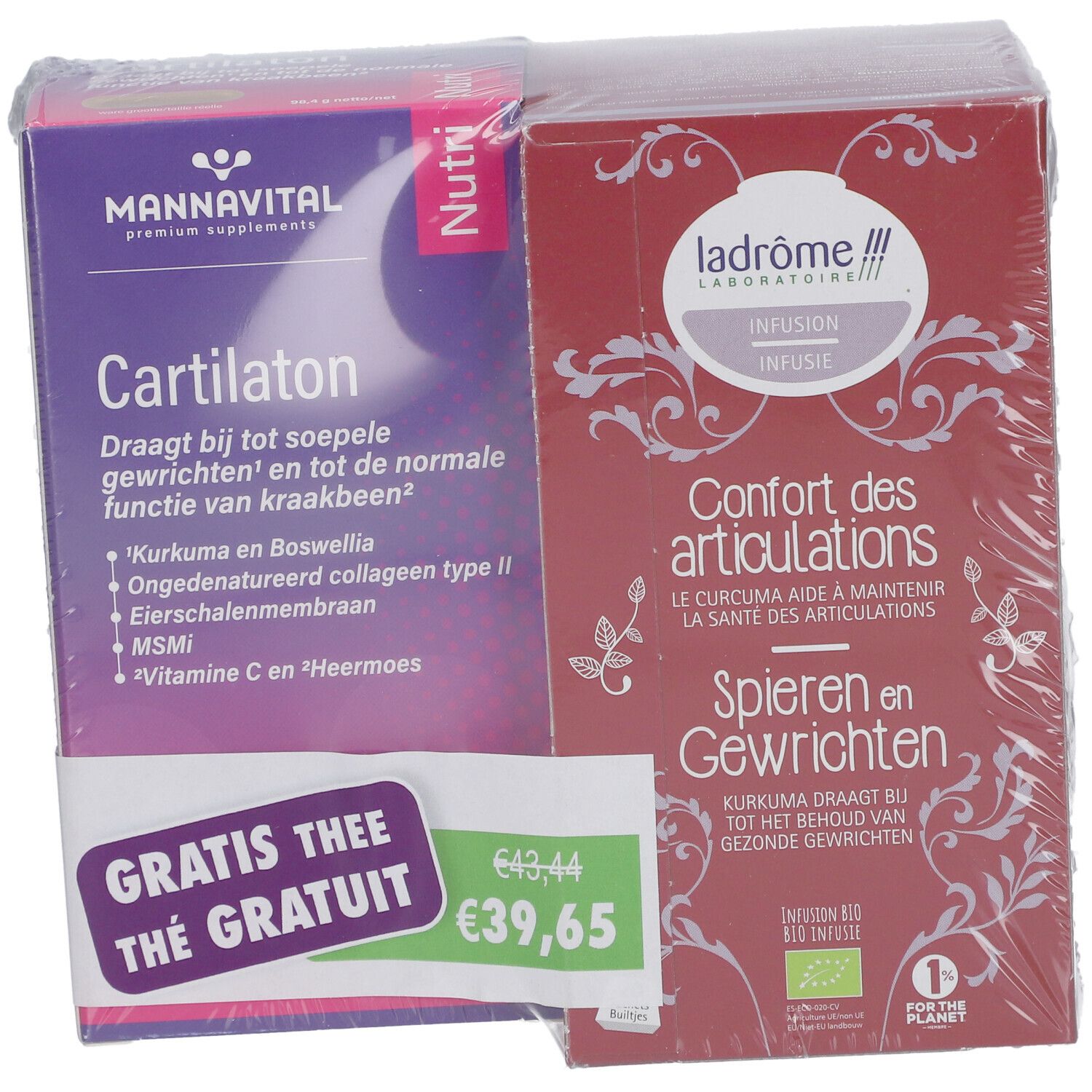 Deux boîtes emballées. "Mannavital Cartilaton" et "Ladrôme Infusion Confort des Articulations". Étiquette de prix avec remise.