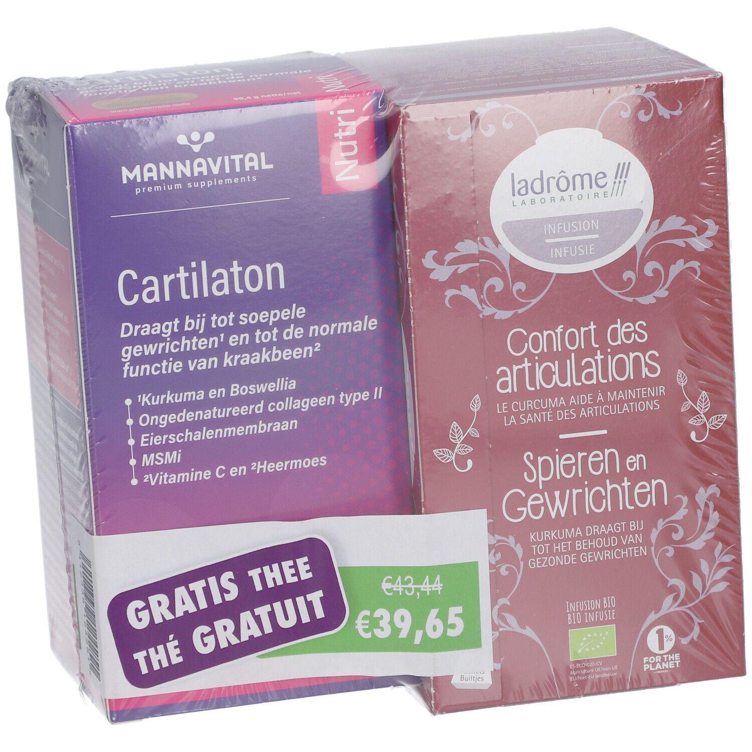 Deux boîtes emballées. "Mannavital Cartilaton" et "Ladrôme Infusion Confort des Articulations". Étiquette de prix avec remise.