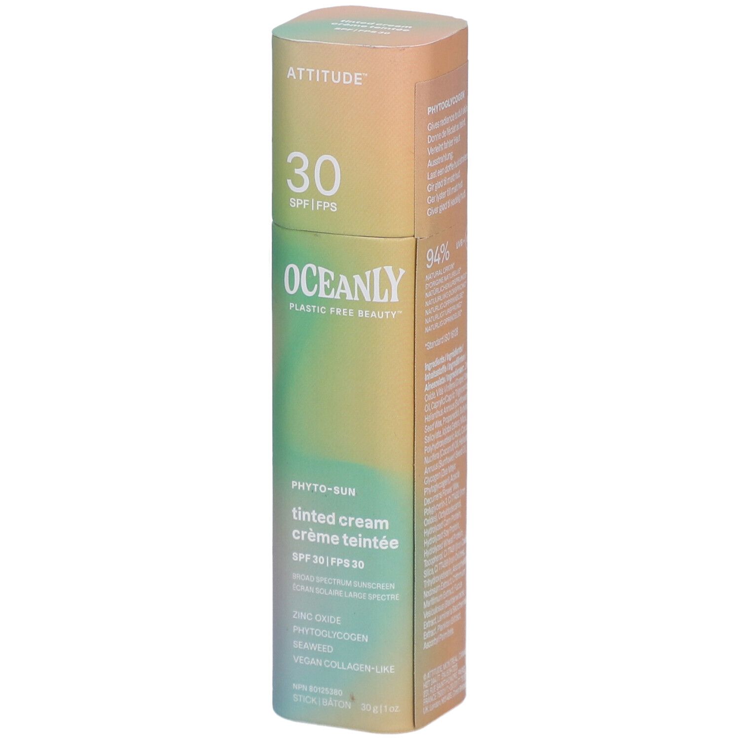 Emballage cylindrique. Haut: ATTITUDE, 30 SPF. Milieu: OCEANLY, crème teintée Phyto-Sun. Bas: Ingrédients, 50g.