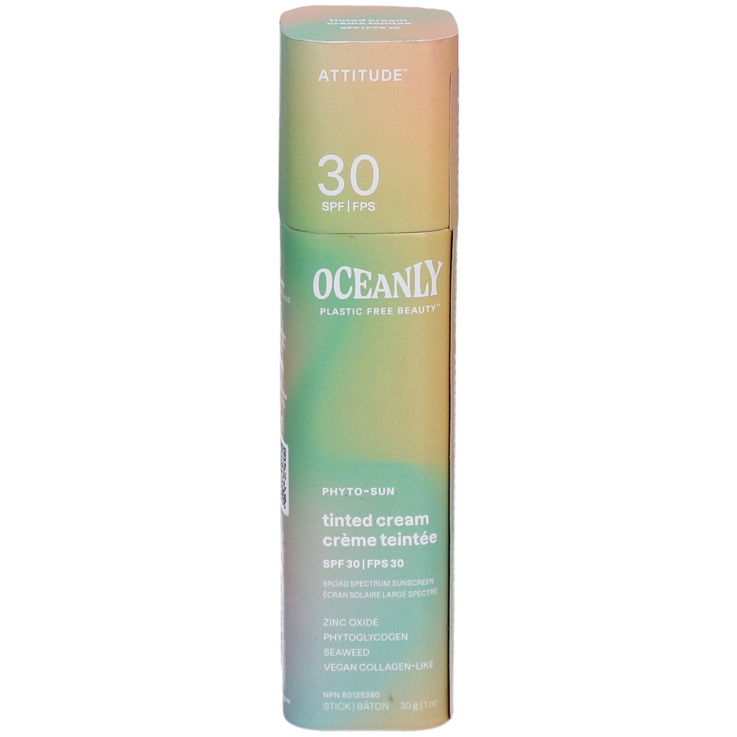 Emballage cylindrique. Haut: ATTITUDE, 30 SPF. Milieu: OCEANLY, crème teintée Phyto-Sun. Bas: Ingrédients, 50g.