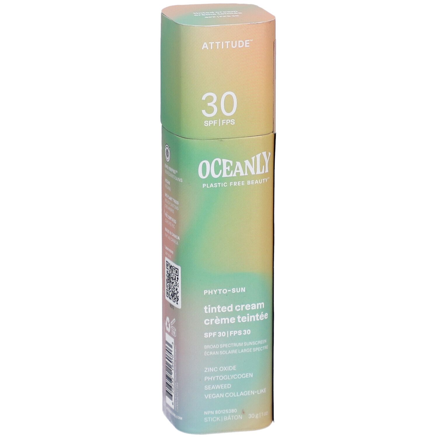 Emballage cylindrique. Haut: ATTITUDE, 30 SPF. Milieu: OCEANLY, crème teintée Phyto-Sun. Bas: Ingrédients, 50g.