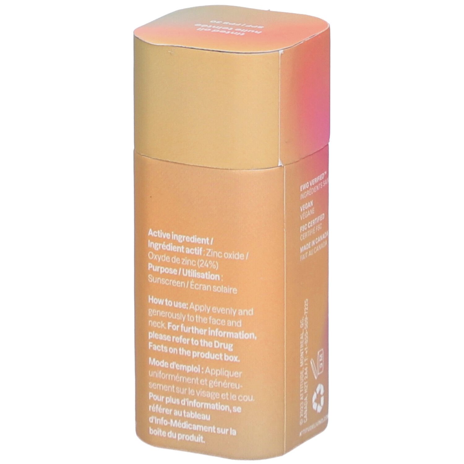 Emballage de crème solaire, dos avec texte. Ingrédients et instructions d'utilisation. Dégradé de couleurs orange et rose.