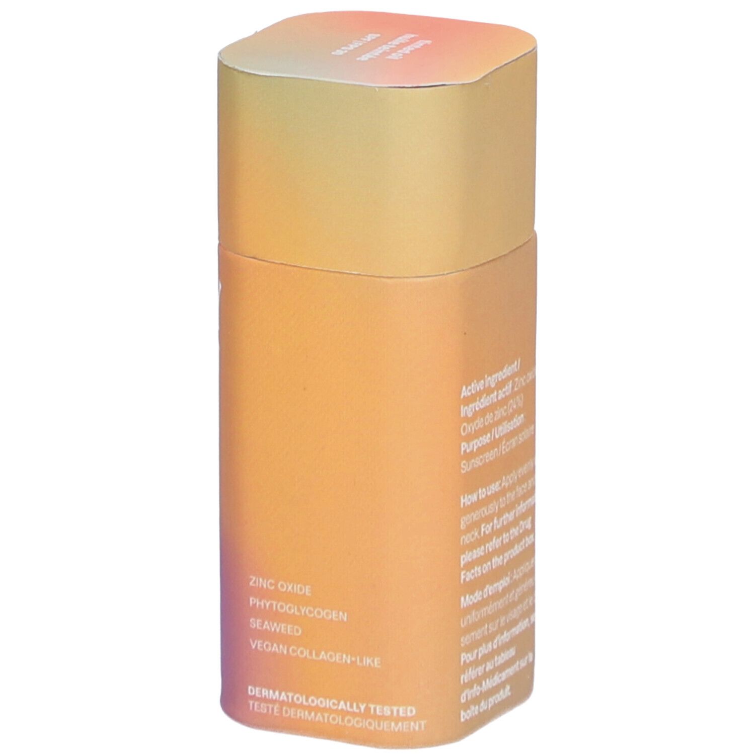 Emballage de crème solaire, dos avec texte. Ingrédients et certifications. Dégradé de couleurs orange et rose.
