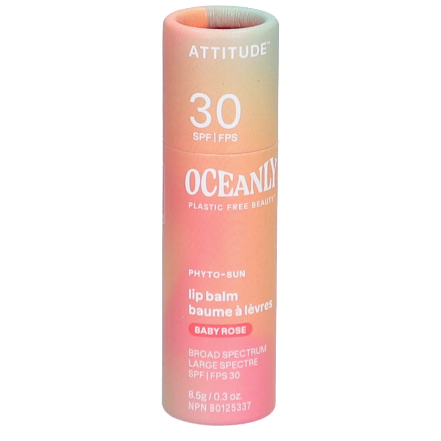 Tube de baume à lèvres dégradé. Texte: ATTITUDE, 30 SPF, OCEANLY, Phyto-Sun, Baby Rose, SPF 30.