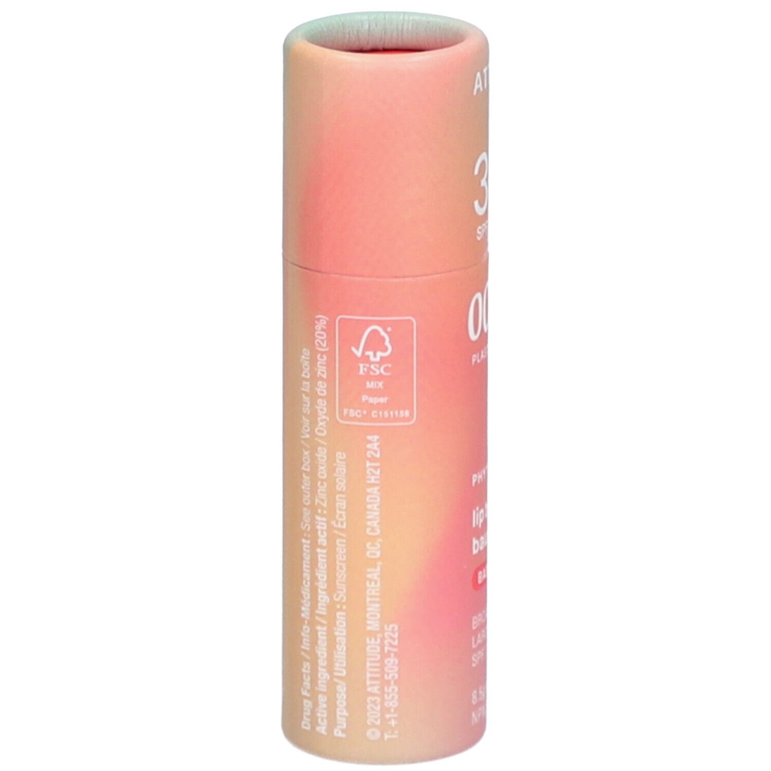 Tube de baume à lèvres dégradé. Texte: Drug Facts, Active Ingredient, Purpose, logo FSC, adresse.
