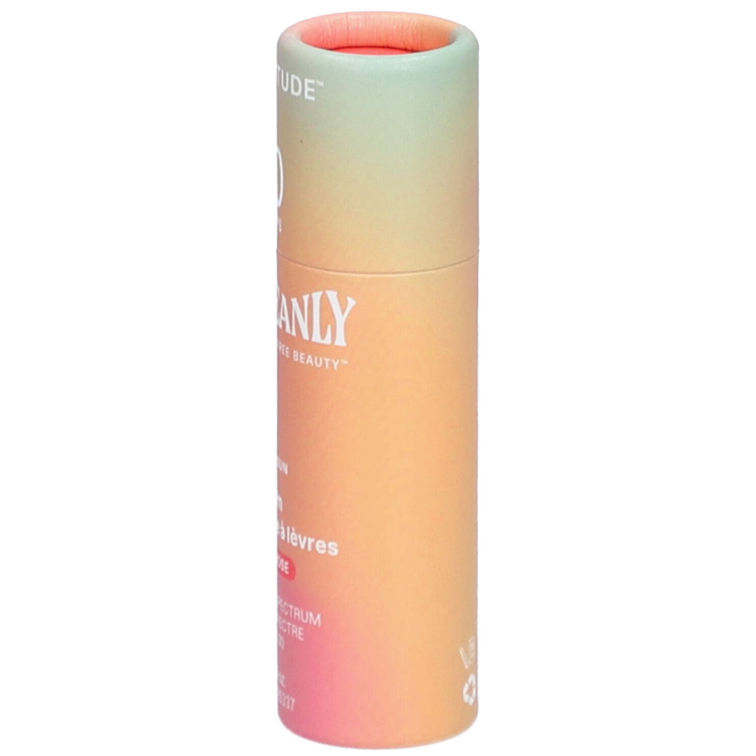 Tube de baume à lèvres dégradé. Texte: ATTITUDE, 30 SPF, OCEANLY, Phyto-Sun, Baby Rose, SPF 30.