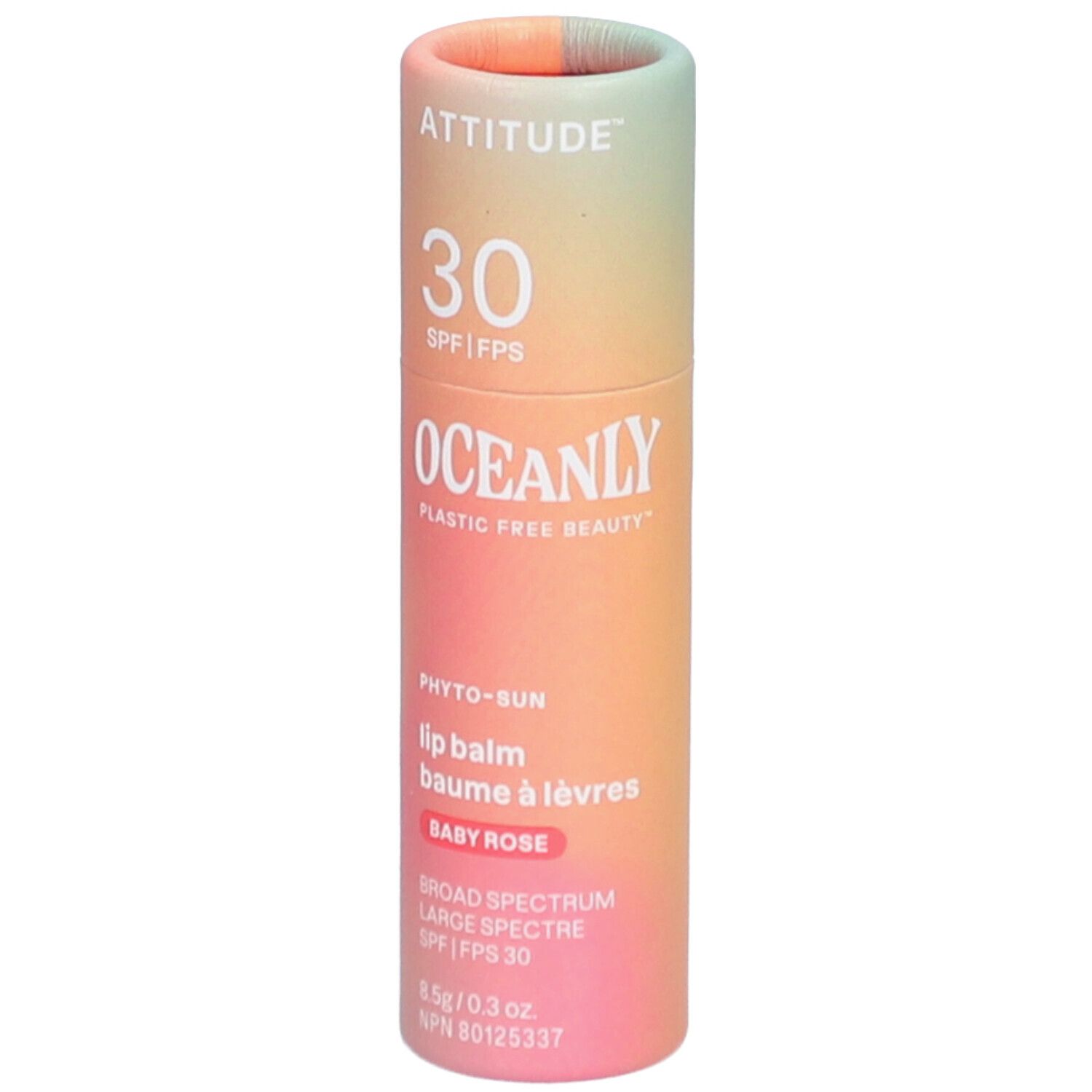 Tube de baume à lèvres dégradé. Texte: ATTITUDE, 30 SPF, OCEANLY, Phyto-Sun, Baby Rose, SPF 30.