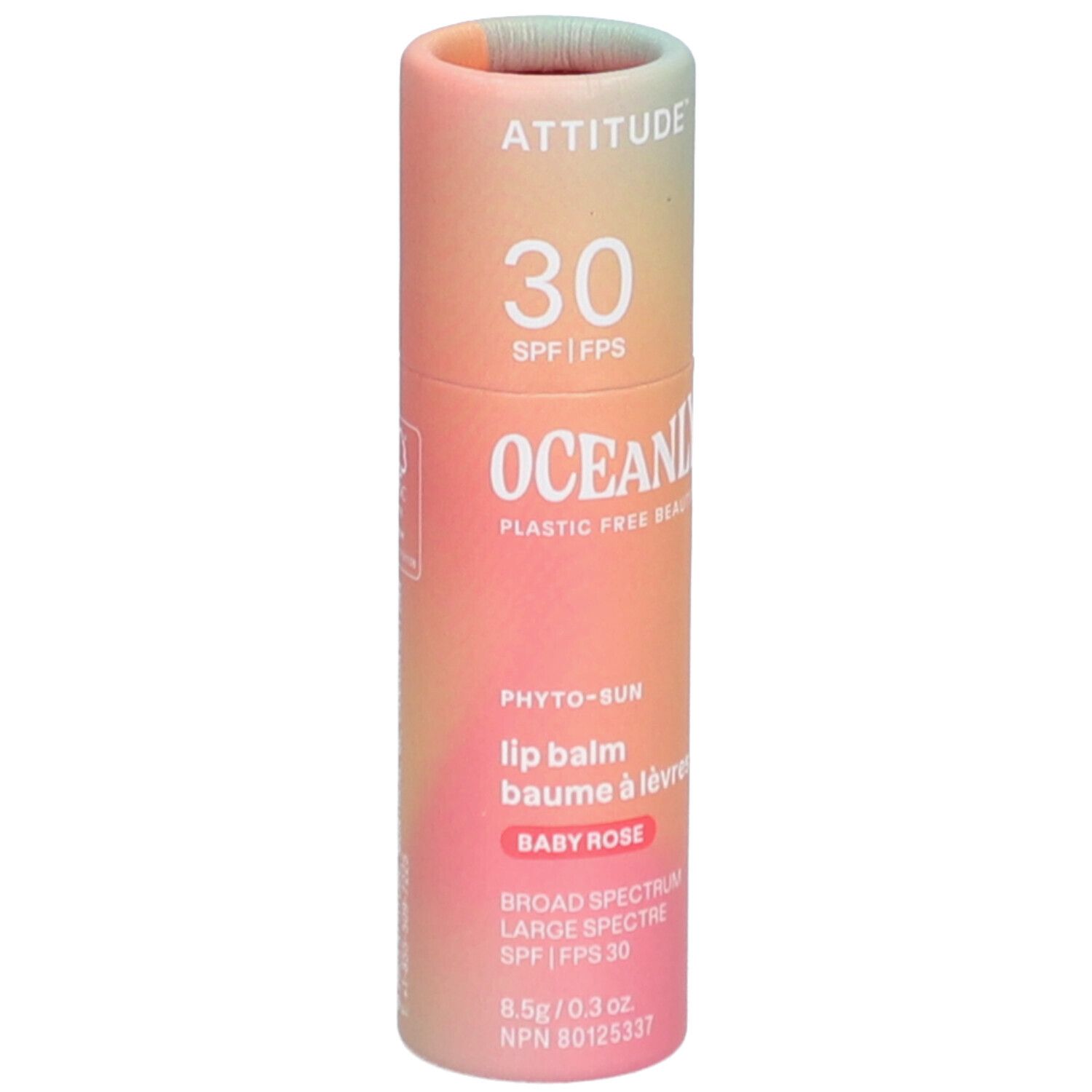 Tube de baume à lèvres dégradé. Texte: ATTITUDE, 30 SPF, OCEANLY, Phyto-Sun, Baby Rose, SPF 30.