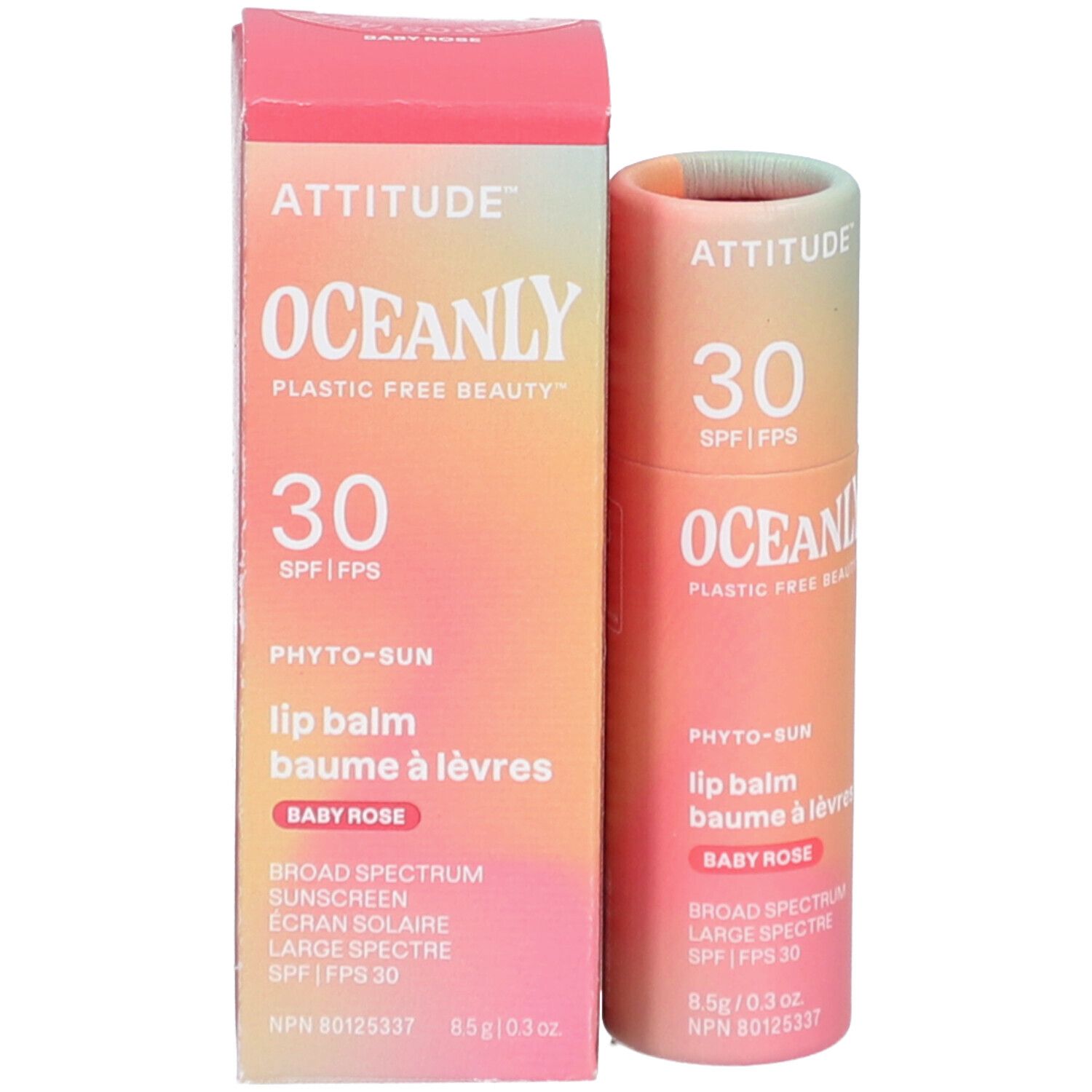 Emballage du produit et tube de baume à lèvres. Texte: ATTITUDE, OCEANLY, 30 SPF, Phyto-Sun, Baby Rose, SPF 30.