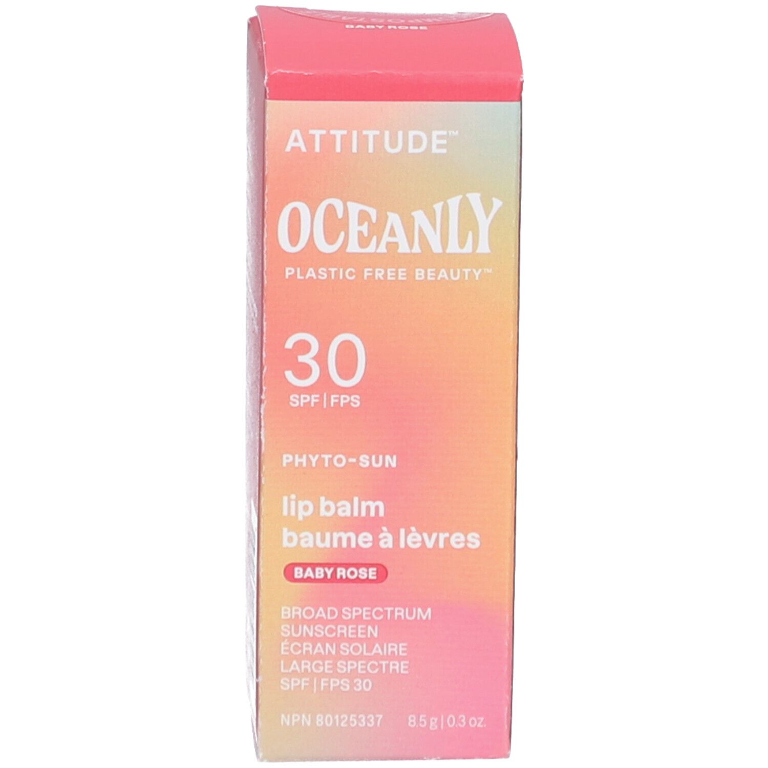 Emballage du produit. Texte: ATTITUDE, OCEANLY, 30 SPF, Phyto-Sun, Baby Rose, SPF 30.