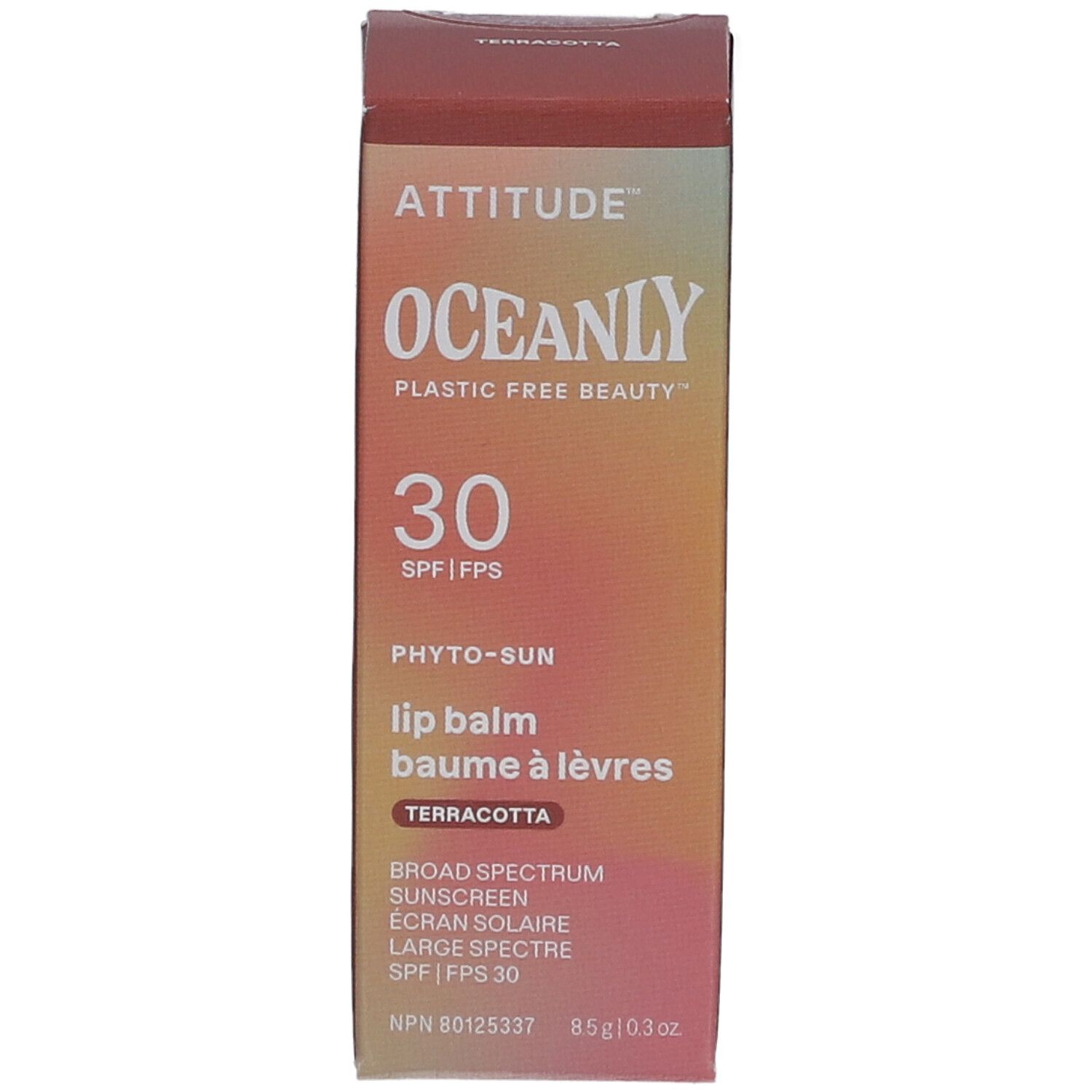 Boîte de baume à lèvres Attitude Oceanly Phyto Sun. Dégradé rose-orange. Texte: 30 SPF, Terracotta.