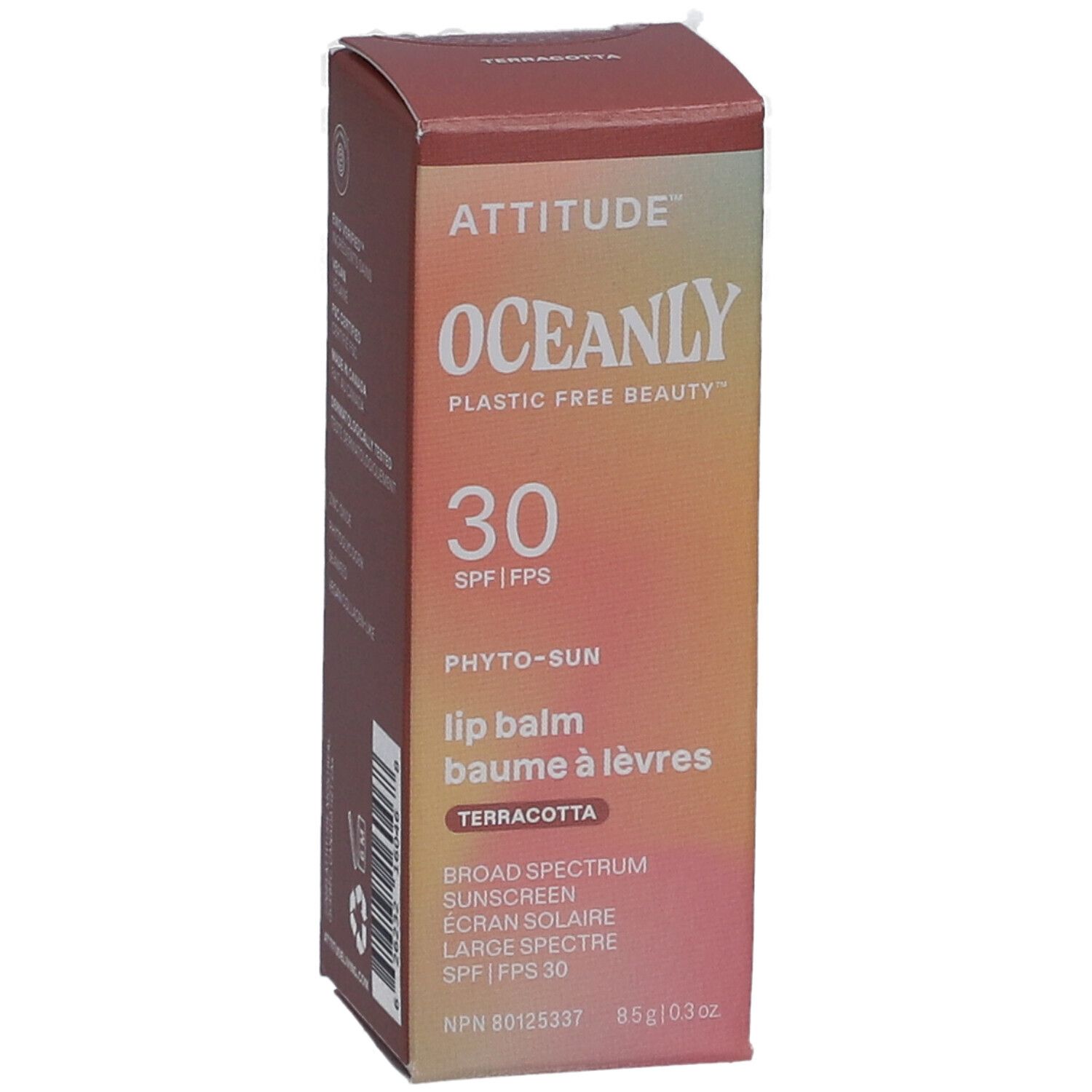 Boîte de baume à lèvres Attitude Oceanly Phyto Sun. Dégradé rose-orange. Texte: 30 SPF, Terracotta.