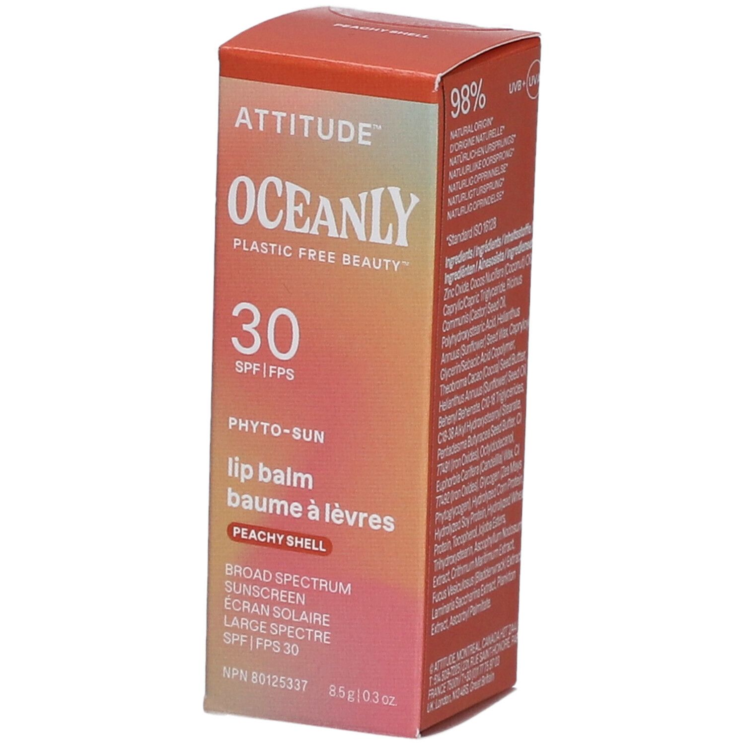 Boîte de baume à lèvres Attitude Oceanly. Texte : 30 SPF, Peachy Shell. Ingrédients visibles. 98% d'origine naturelle.