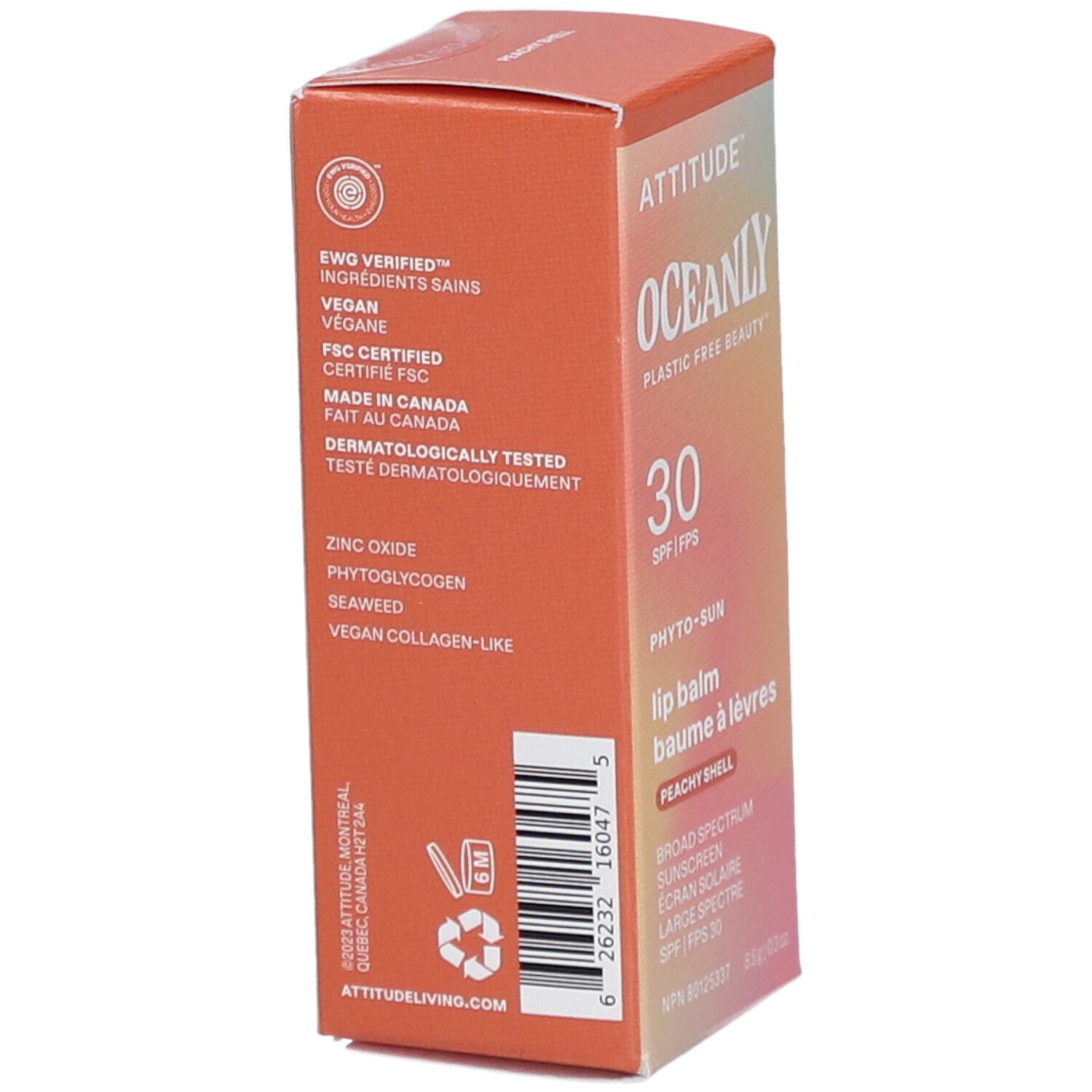 Boîte de baume à lèvres Attitude Oceanly. Texte : 30 SPF, Peachy Shell. Végétalien, certifié FSC. Testé dermatologiquement.