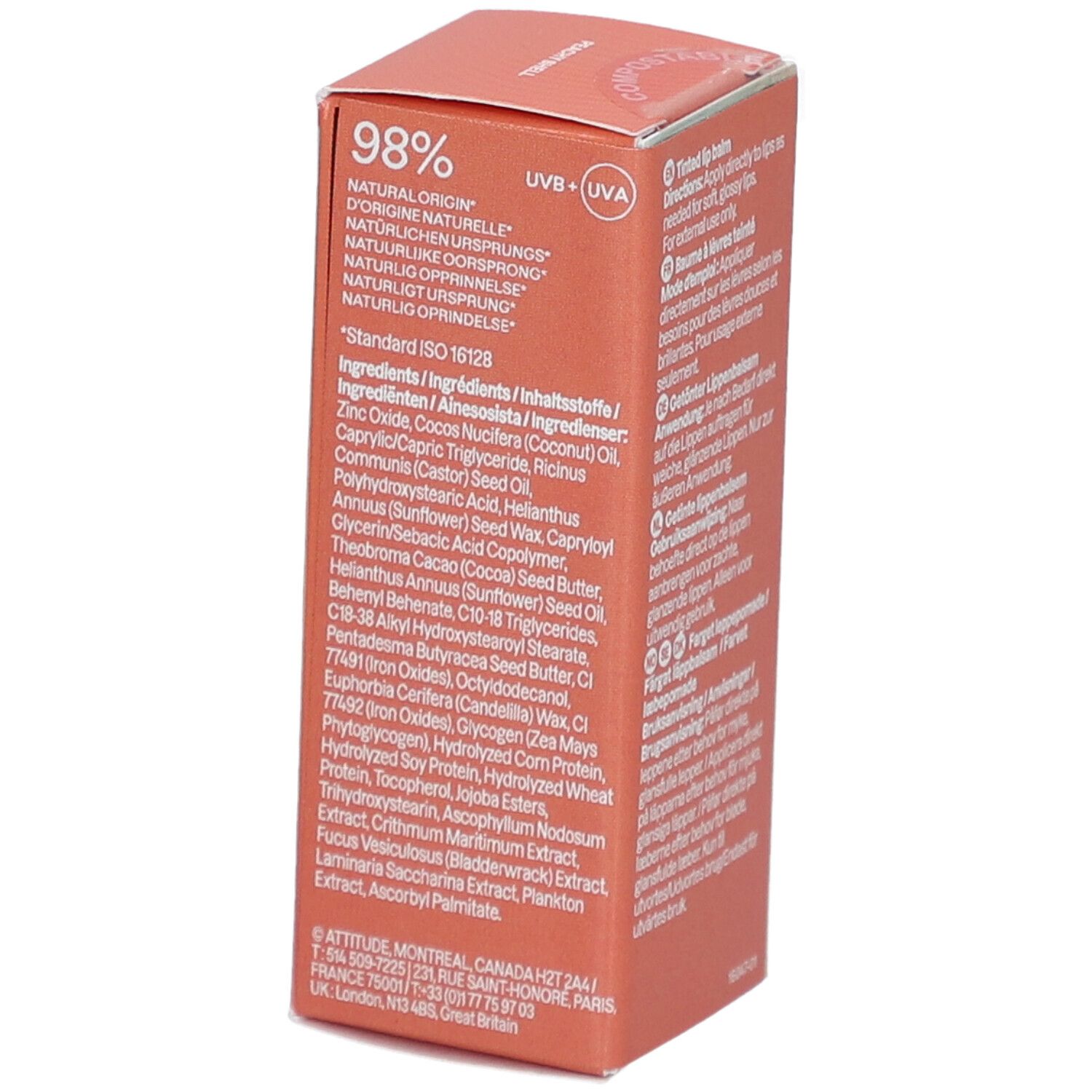 Boîte de baume à lèvres. Ingrédients visibles. Texte : 98% naturel. Protection UV. Adresse du fabricant.
