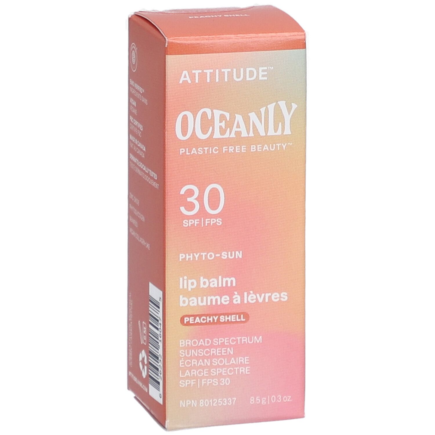 Boîte de baume à lèvres. Marque : Attitude Oceanly. Texte : 30 SPF, Peachy Shell. Fond dégradé.
